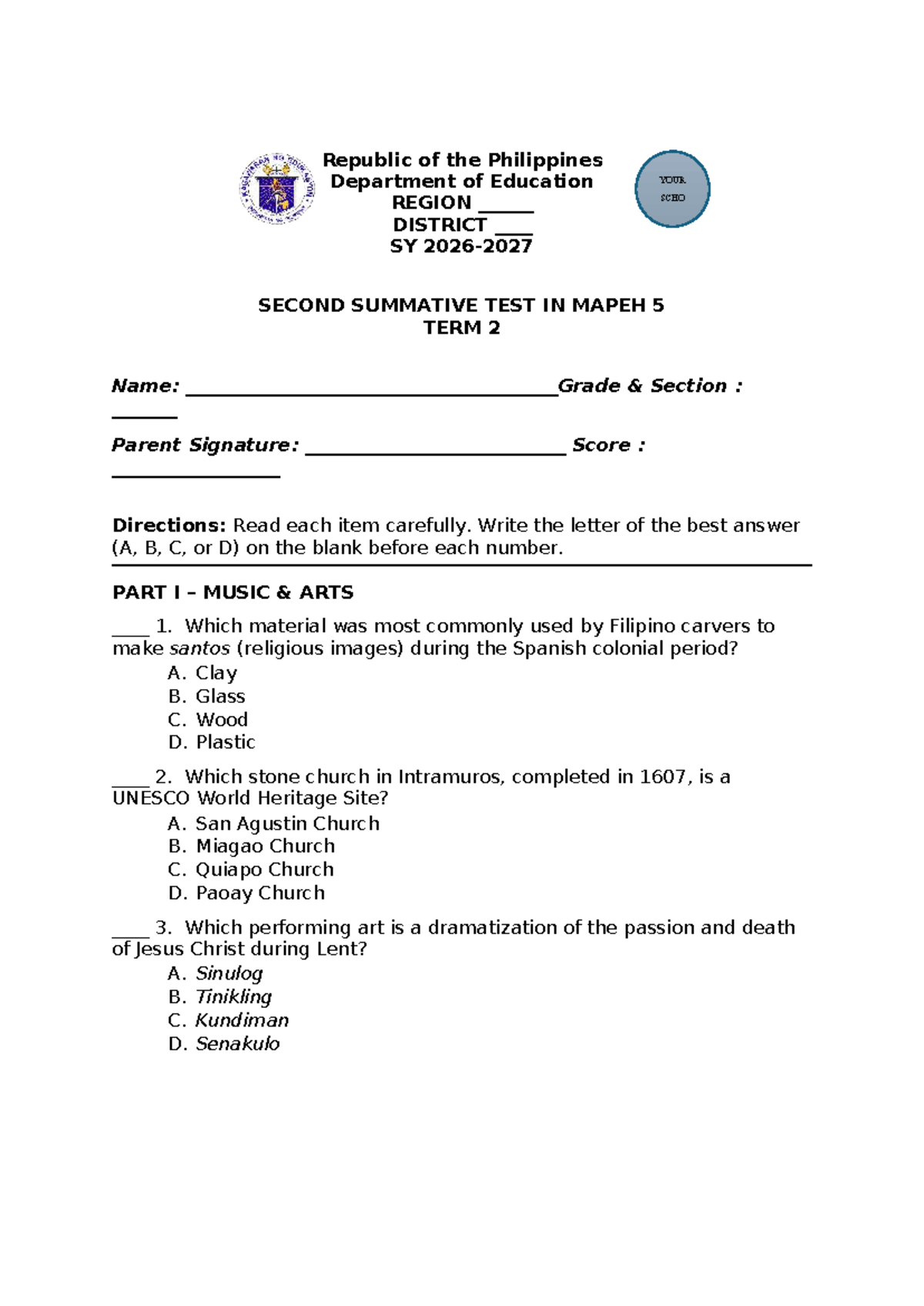 MAPEH 5 2ND Summative Test - Term 2 Assessment Questions - Studocu