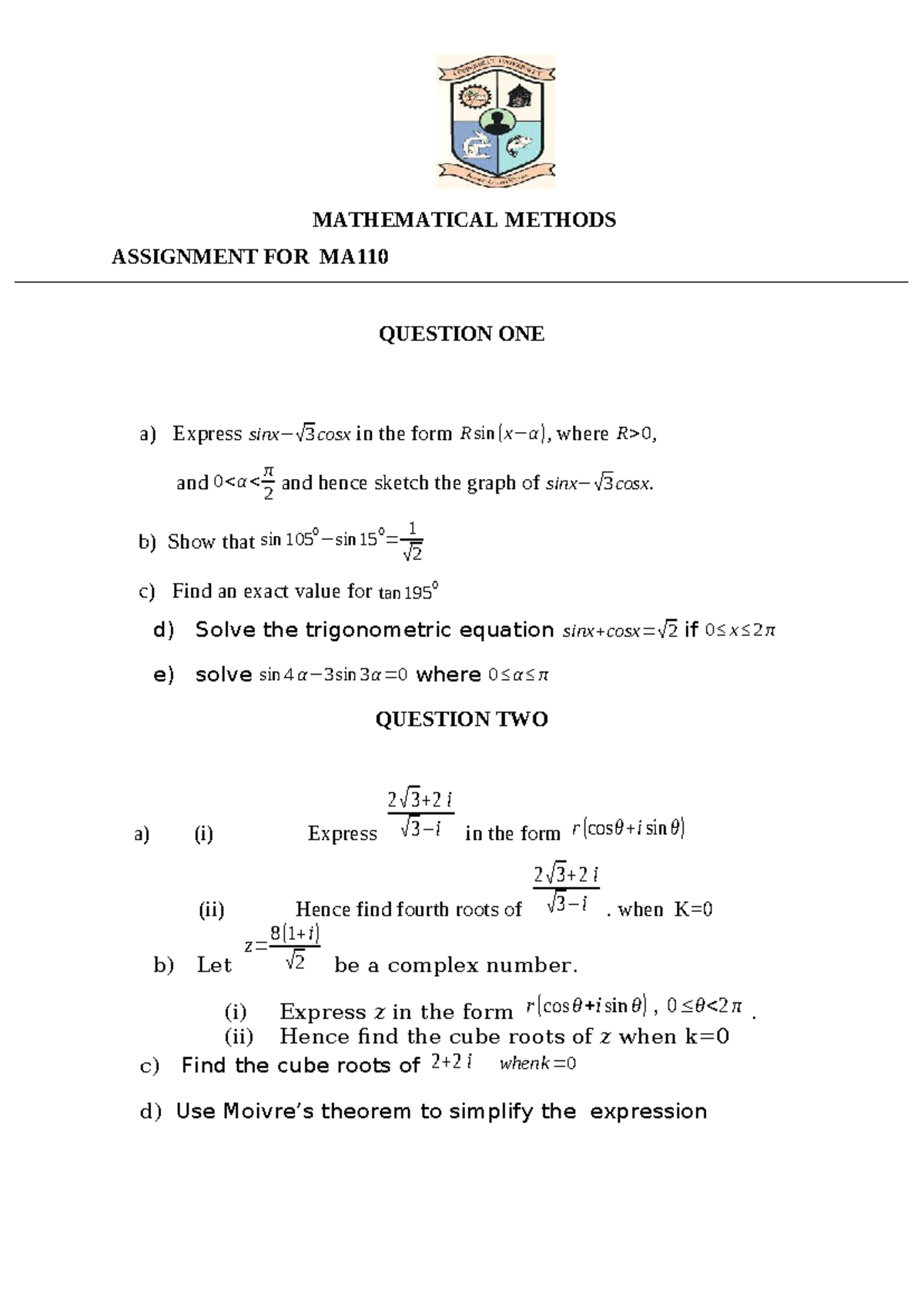MA110 Test 3: Mathematical Methods Assignment Overview - Studocu