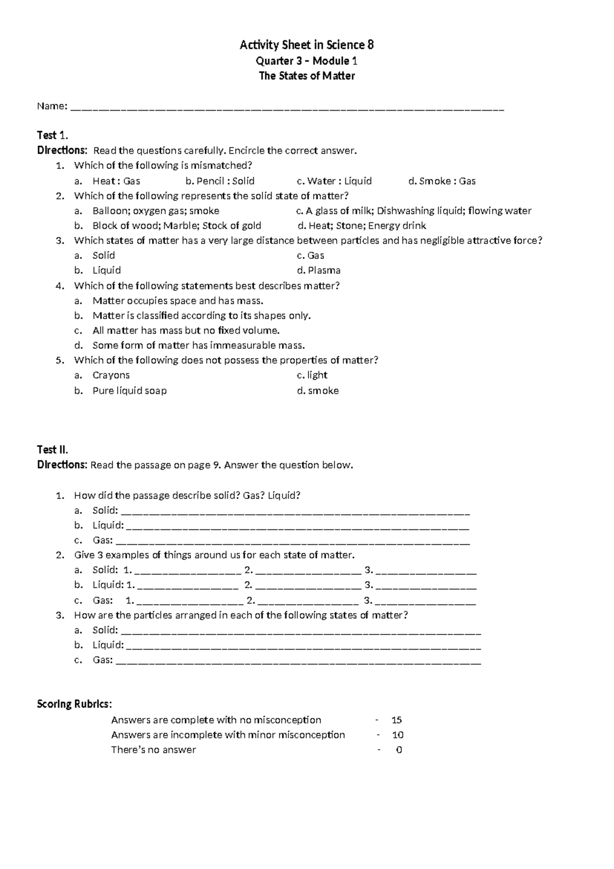 Activity Sheet in Science 8 - Directions: Read the questions carefully ...
