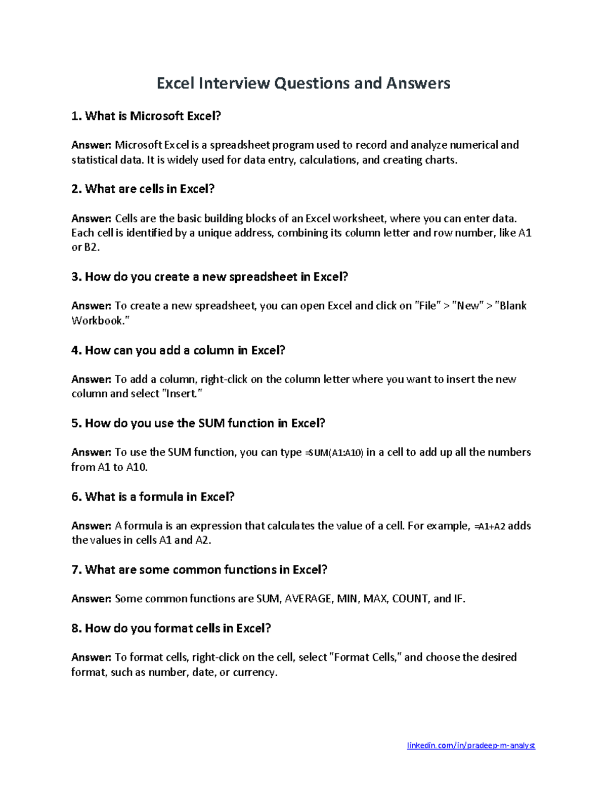 Excel Interview Questions & Answers: Essential Guide - Studocu