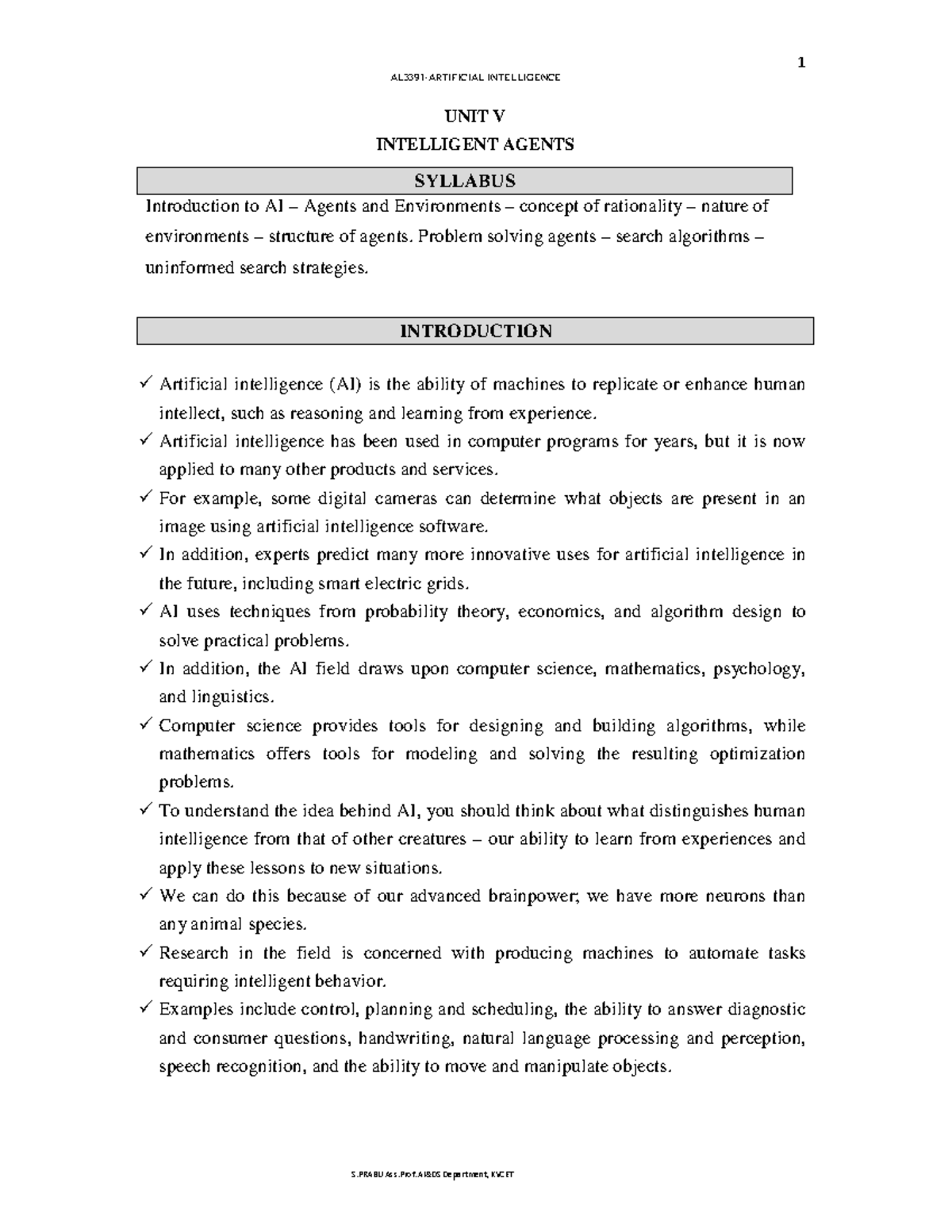 Unit 1 Full Notes On Intelligent Agents And Search Algorithms Al3391