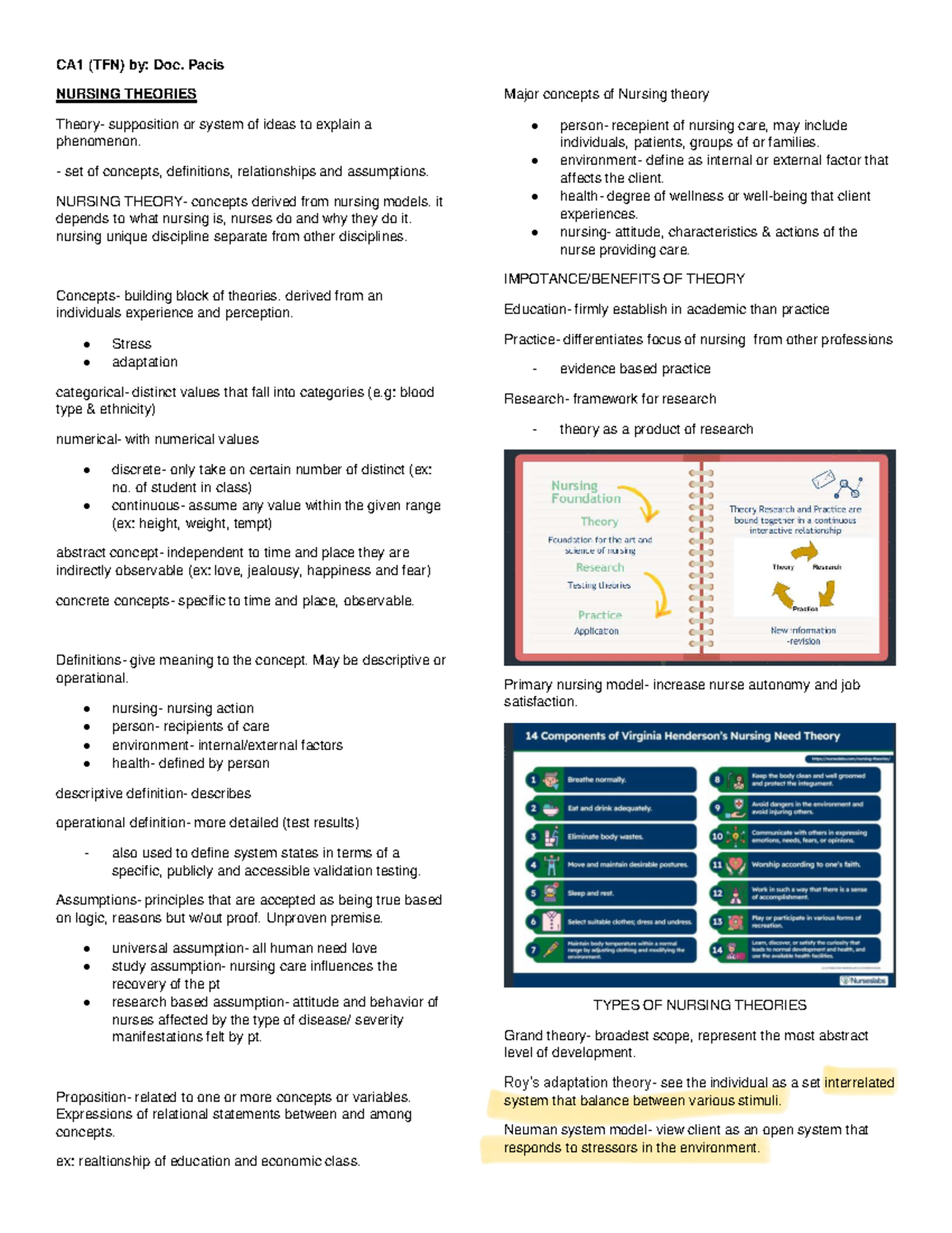 CA1 (TFN) : Overview of Nursing Theories and Their Applications - Studocu