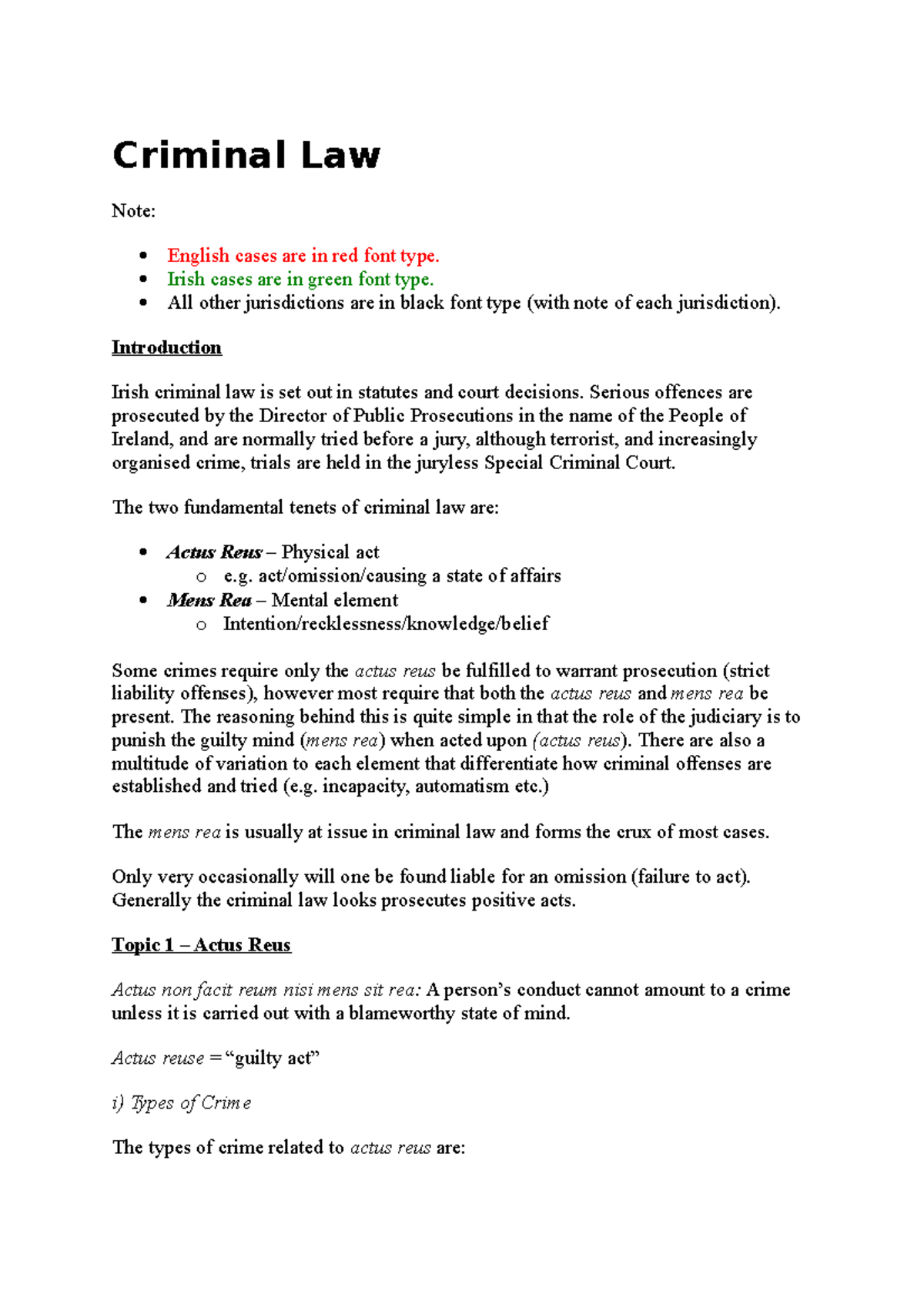 Criminal Law summary - Criminal Law Note: English cases are in red font ...