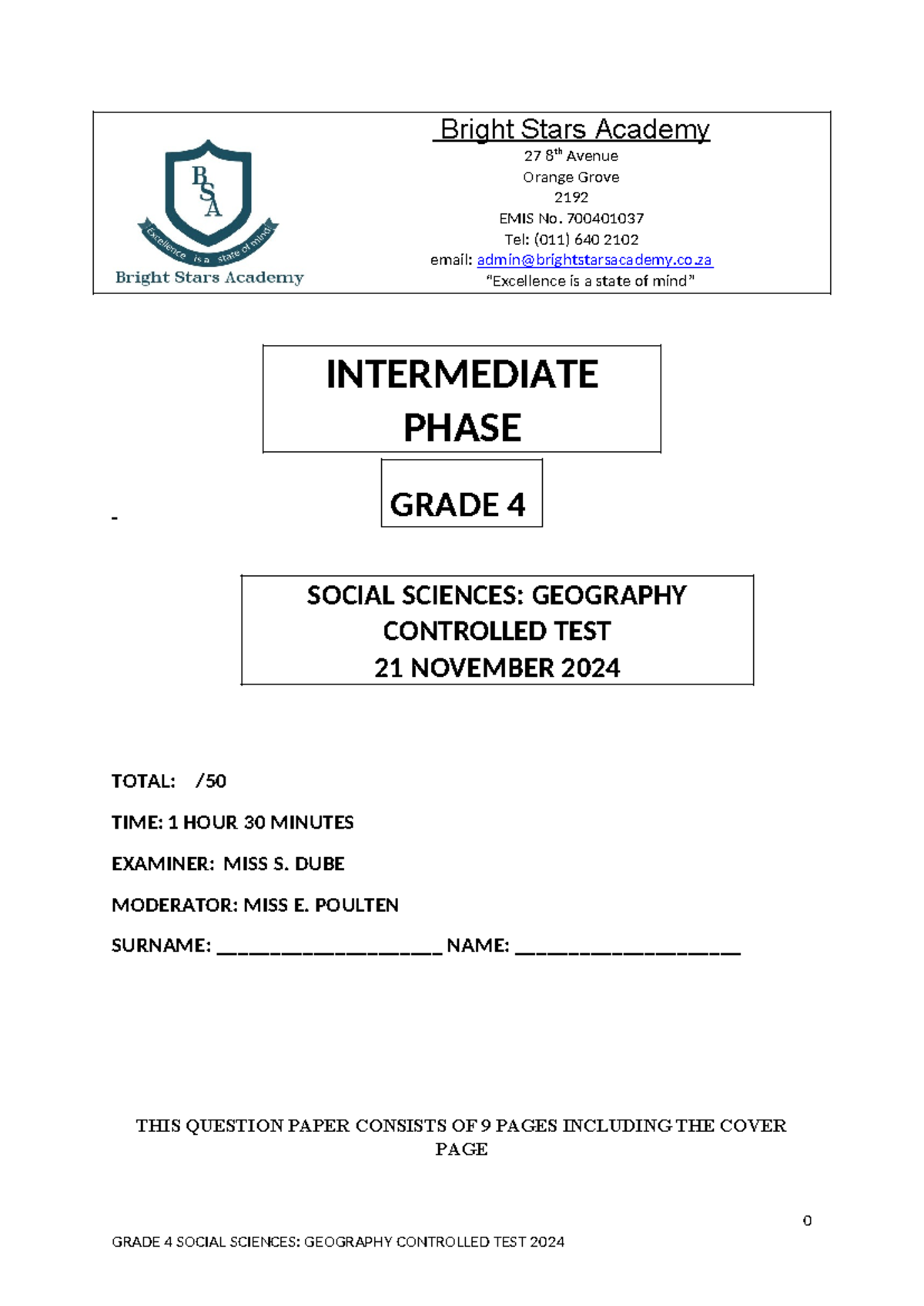 Grade 4 Geography Controlled Test - GRD 4 T4 November 2024 - Studocu