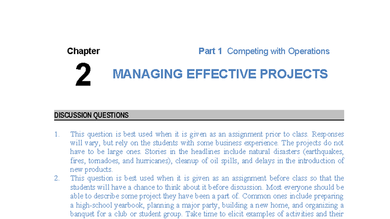 Chapter 2: Competing with Operations - Project Management Discussion ...