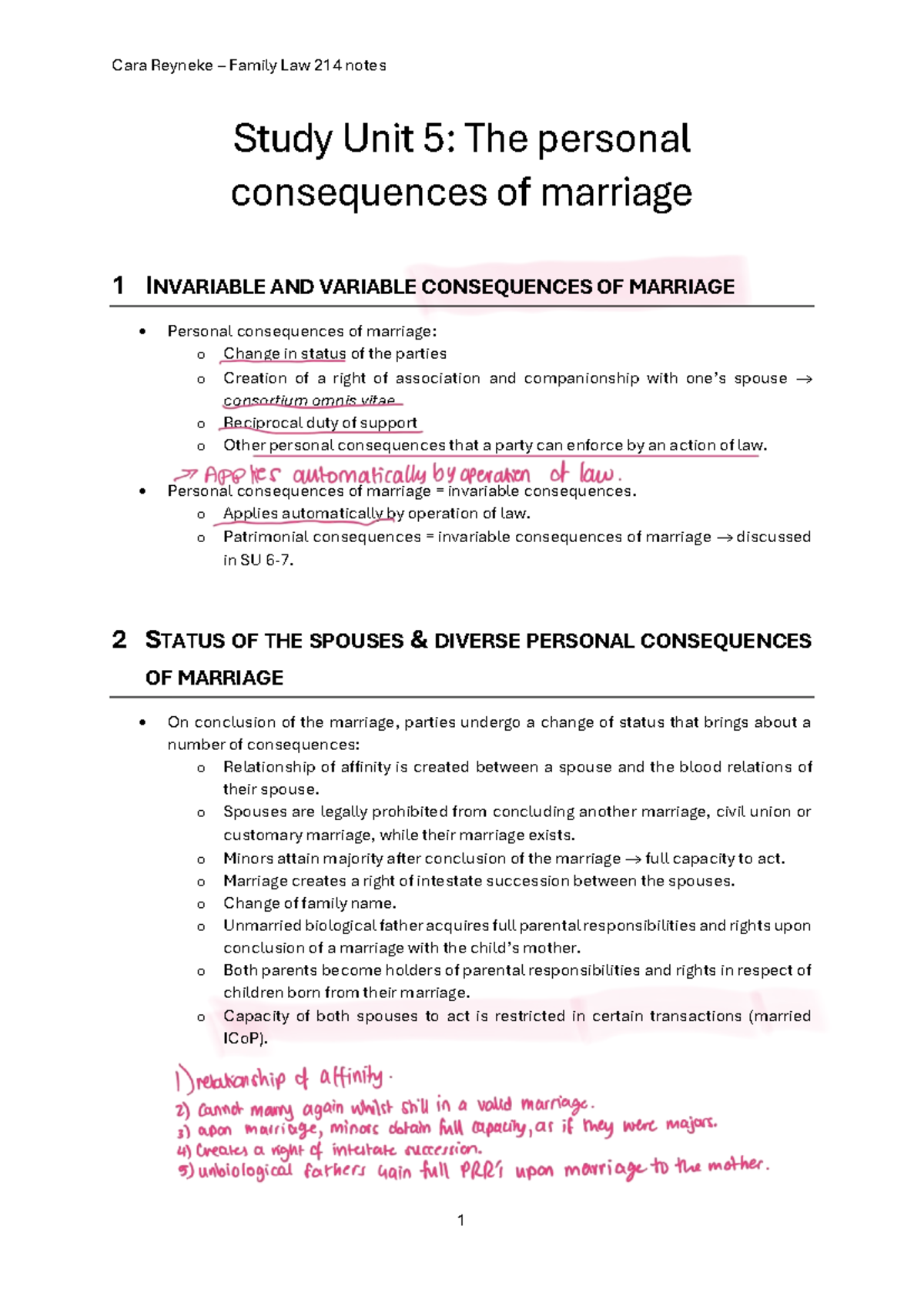 Family Law 214: Study Unit 5 & 6 Notes on Marriage Consequences - Studocu