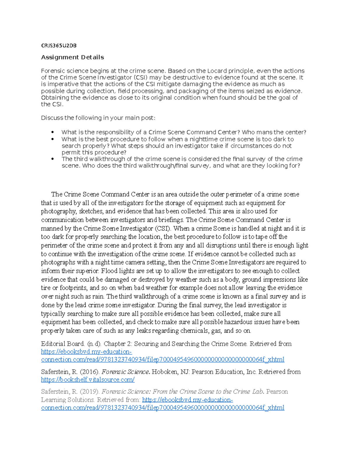 CRJS365U2DB - Forensic Science: Crime Scene Investigation Procedures ...