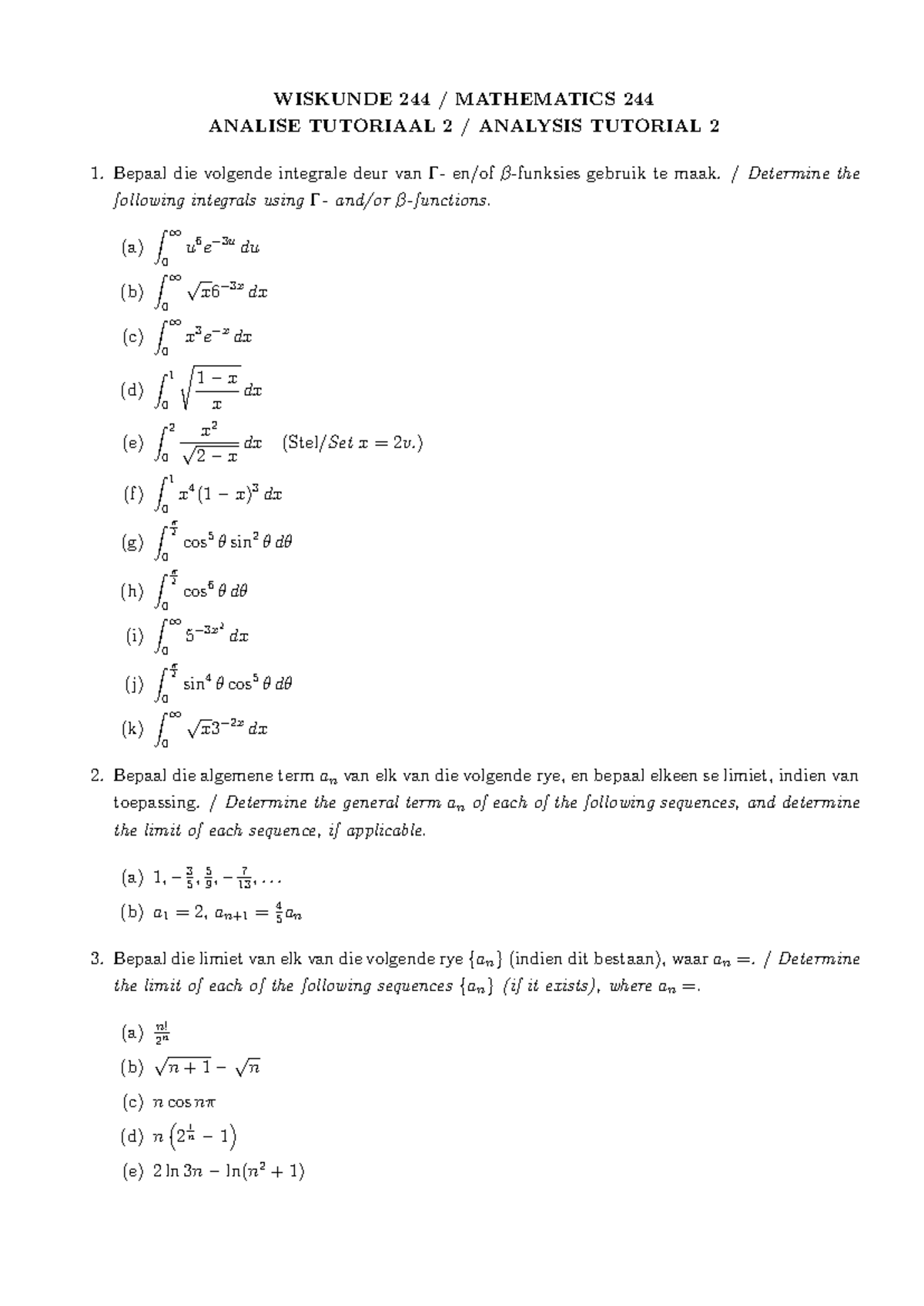WISKUNDE 244 / MATHEMATICS 244 ANALYSIS TUTORIAL 2 NOTES - Studocu