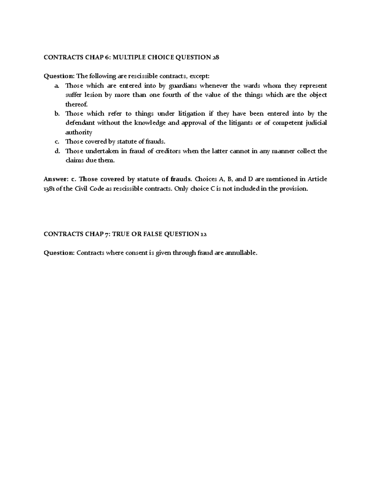 Contracts ASSIGNMENT - CONTRACTS CHAP 6: MULTIPLE CHOICE QUESTION 28 ...