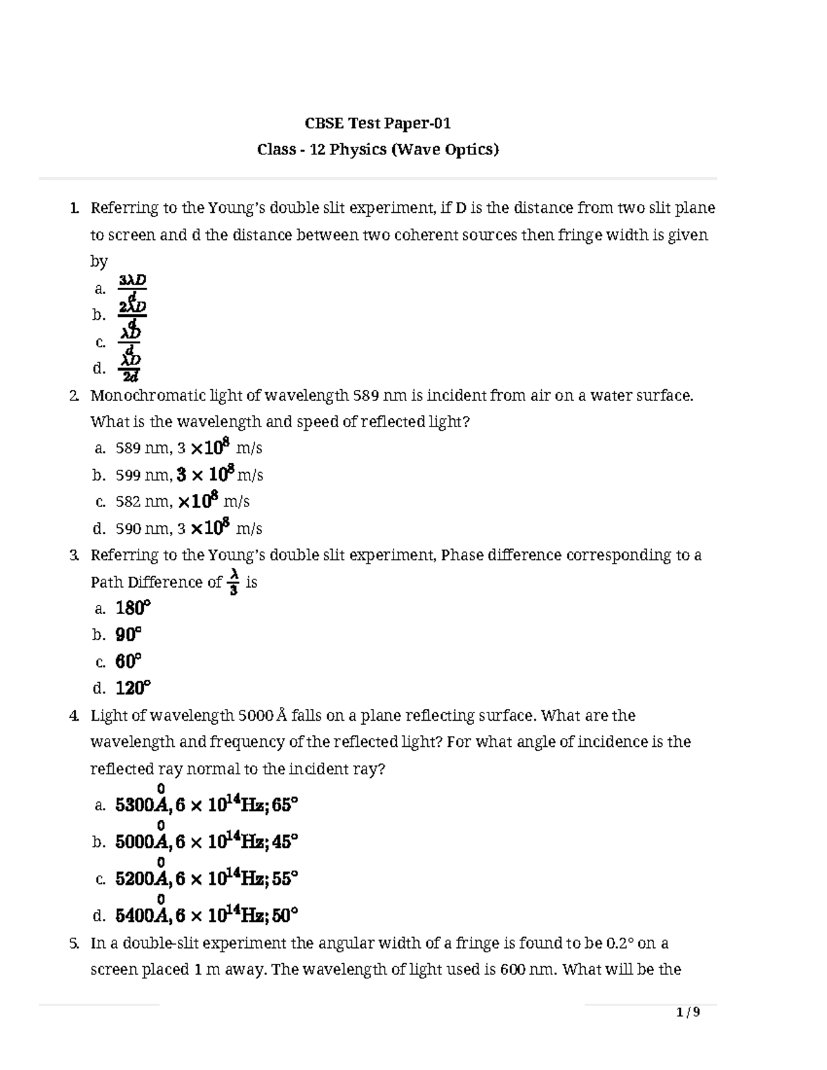 CBSE Class 12 Physics Wave Optics Study Notes and Answers - Studocu