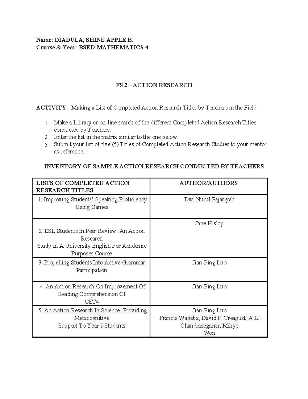 Action Research Titles Inventory for FS 2 Teachers - Studocu
