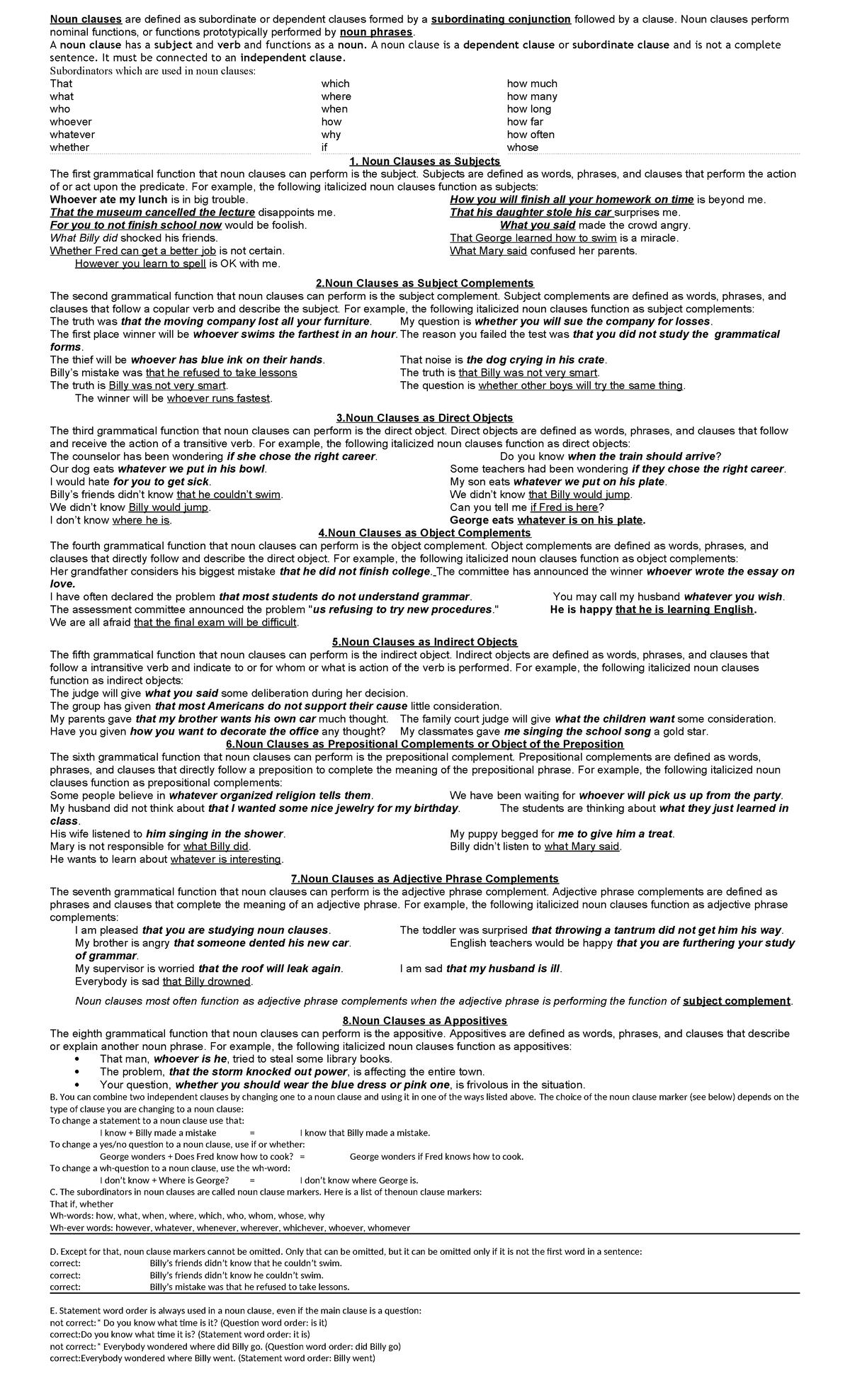 NOUN Clauses: Functions and Examples - HANDOUT - Studocu