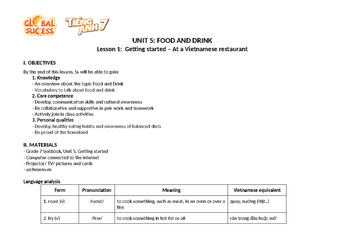 TA7-Unit 5: Food and Drink - Lesson Overview and Activities - Studocu