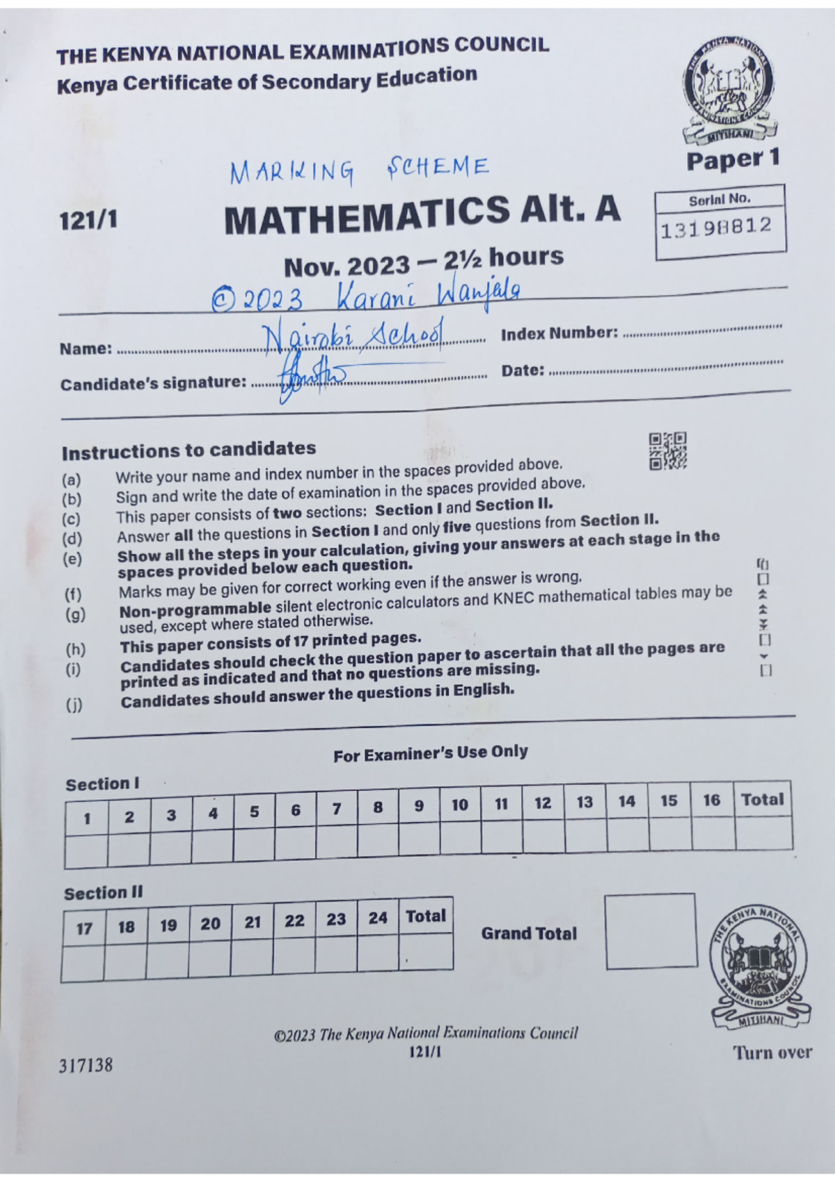 KCSE 2023 MATH P1 MS - very nice - THE KENYA NATIONAL EXAMINATIONS ...