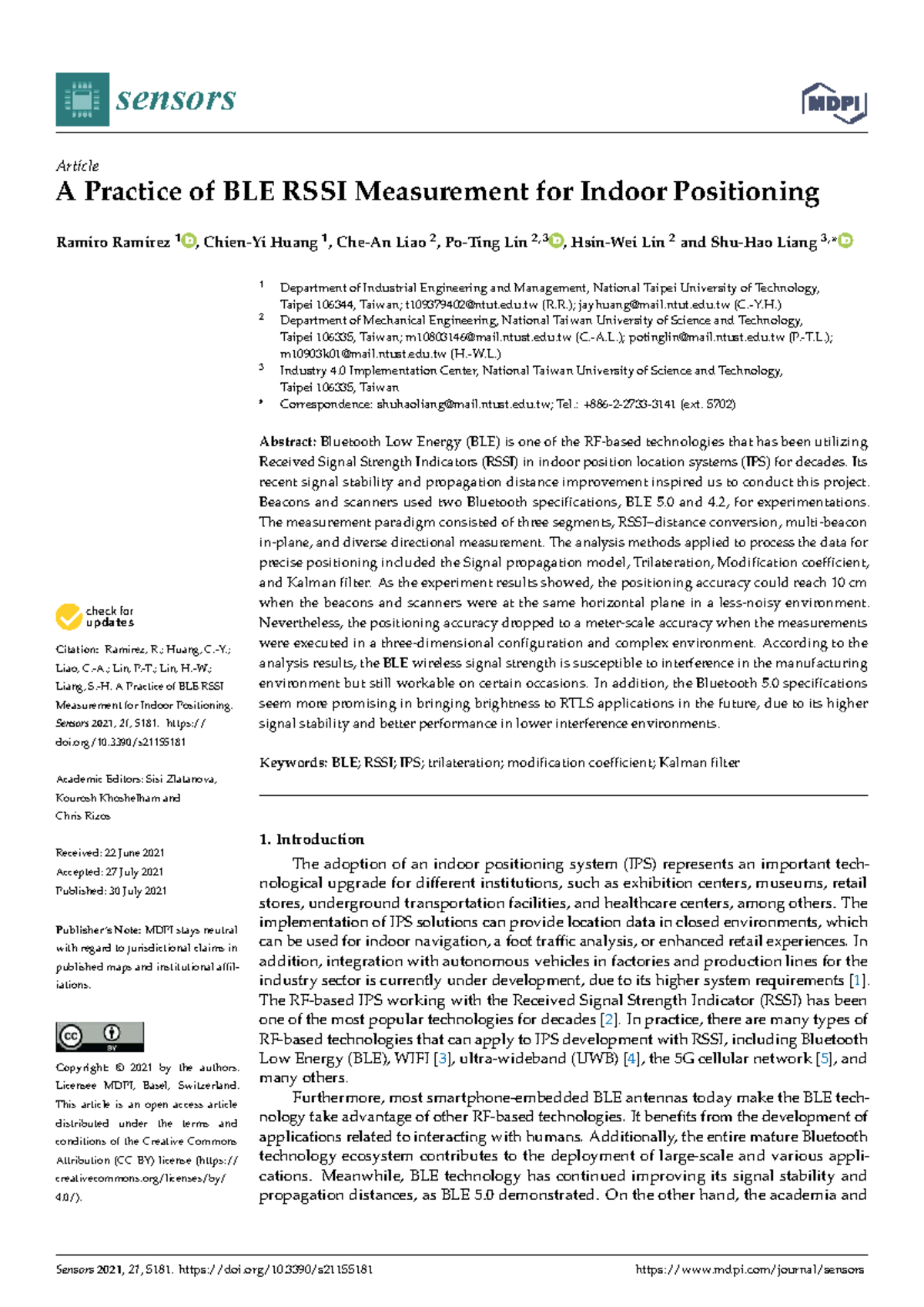 A Practice of BLE RSSI Measurement for Indoor Positioning (ENG 2021 ...
