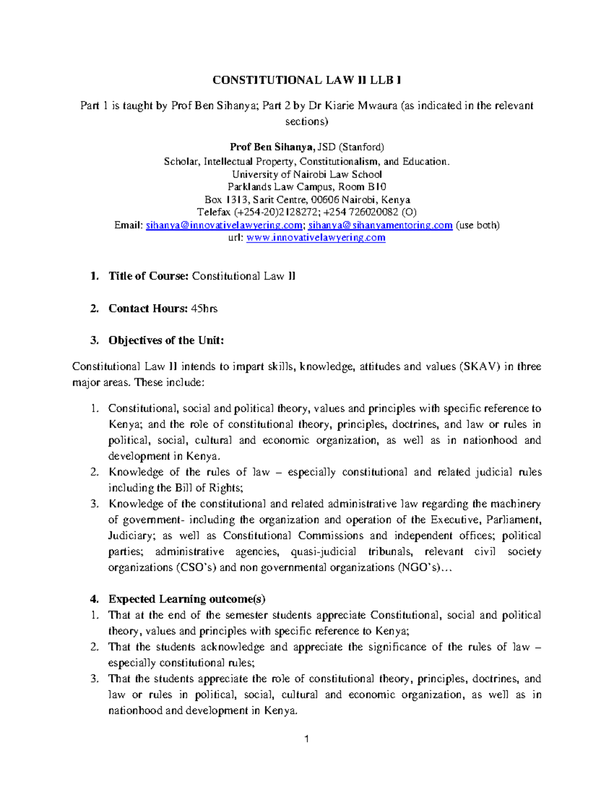 Constitutional Law II LLB Course Outline by Prof Sihanya - Studocu