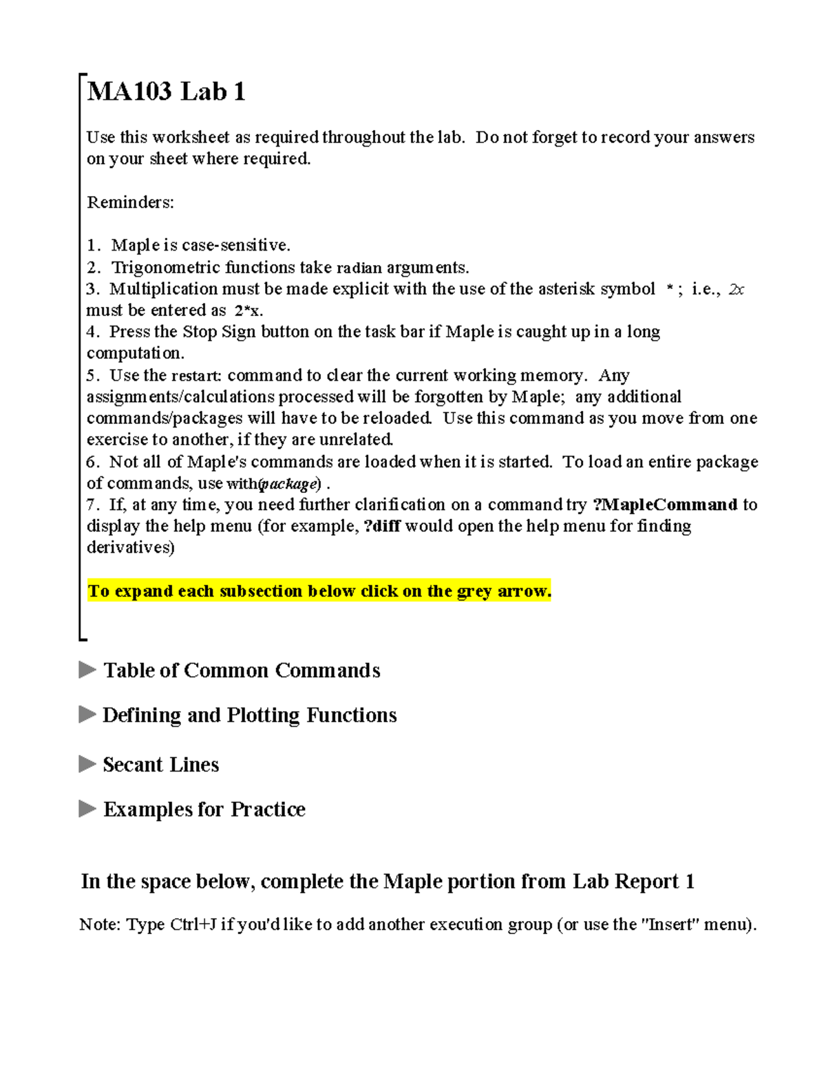 MA103 Lab 1 Maple Worksheet Solutions and Guidelines for Use - Studocu