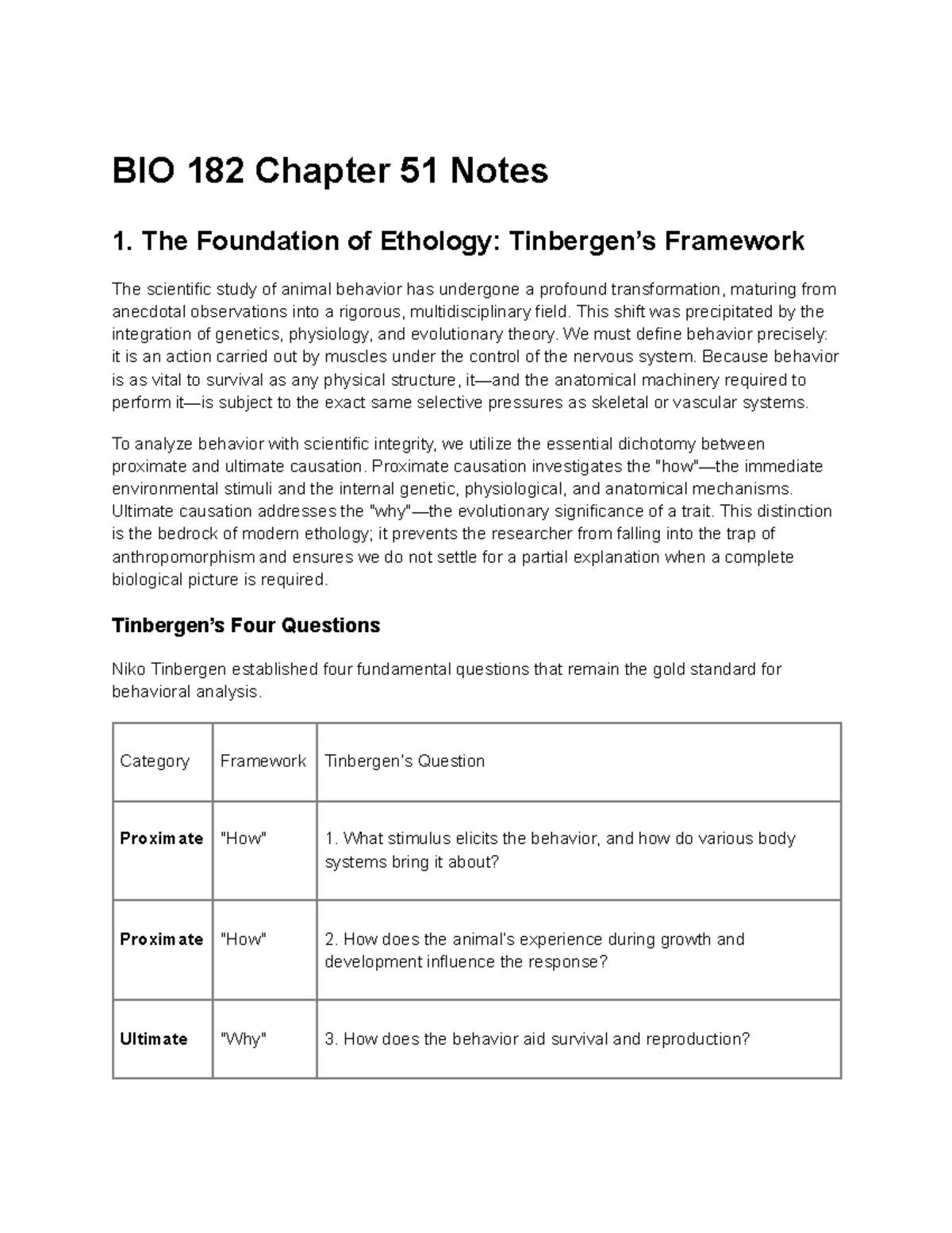 BIO 182 Chapter 51 Notes: Foundations of Ethology and Behavior - Studocu