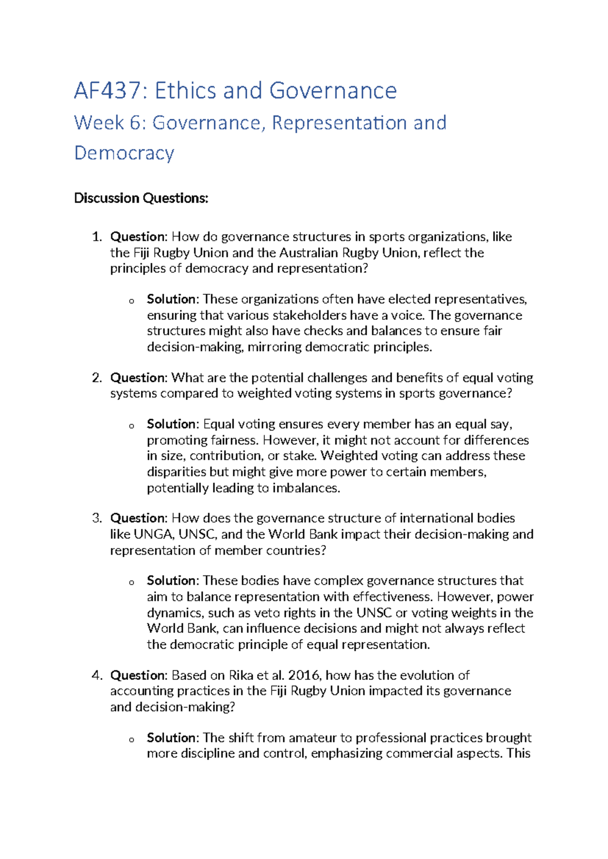 AF437: Week 6 Tutorial Qs & Solutions on Governance and Democracy - Studocu