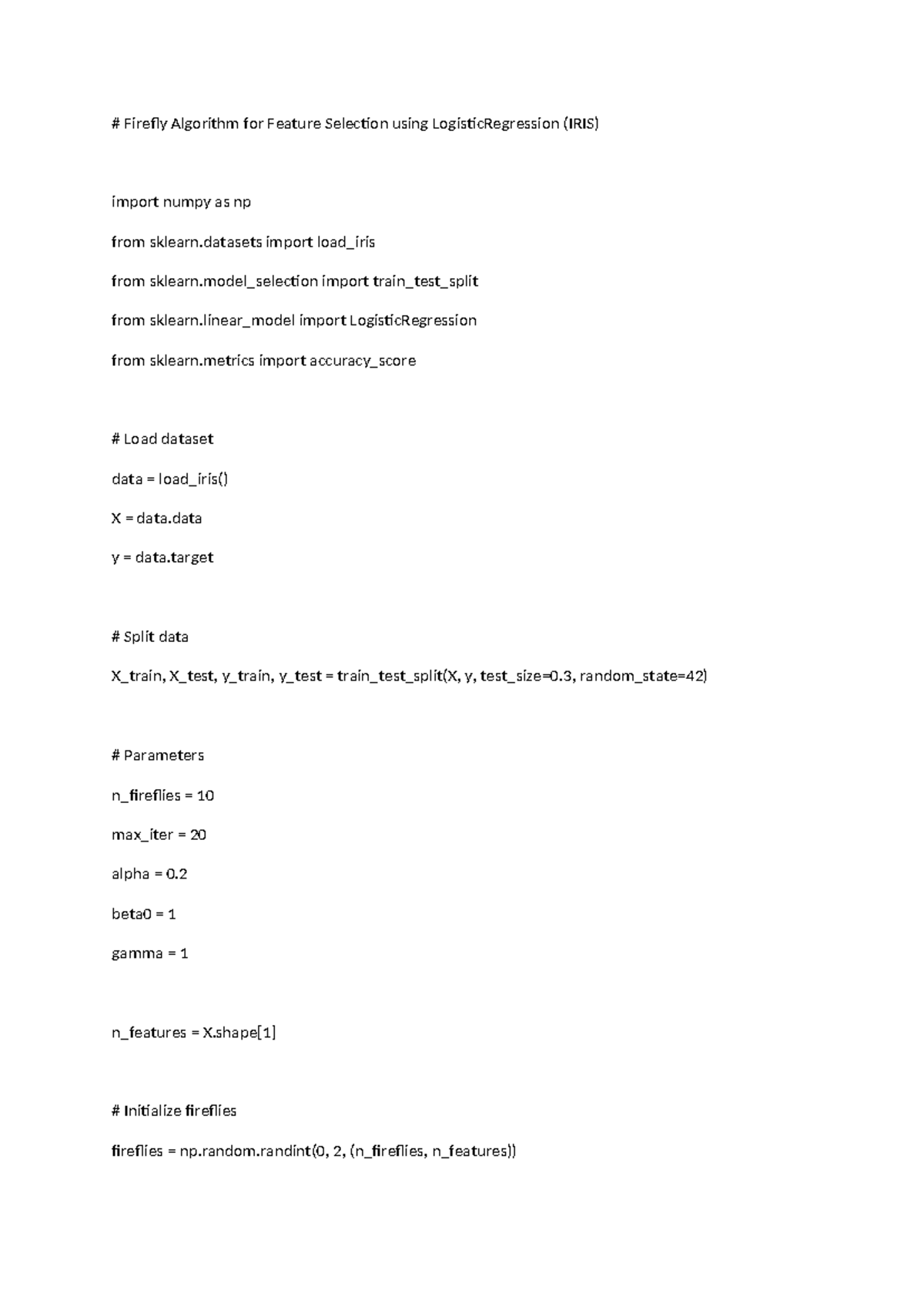 Firefly Algorithm for Feature Selection with Logistic Regression (IRIS ...