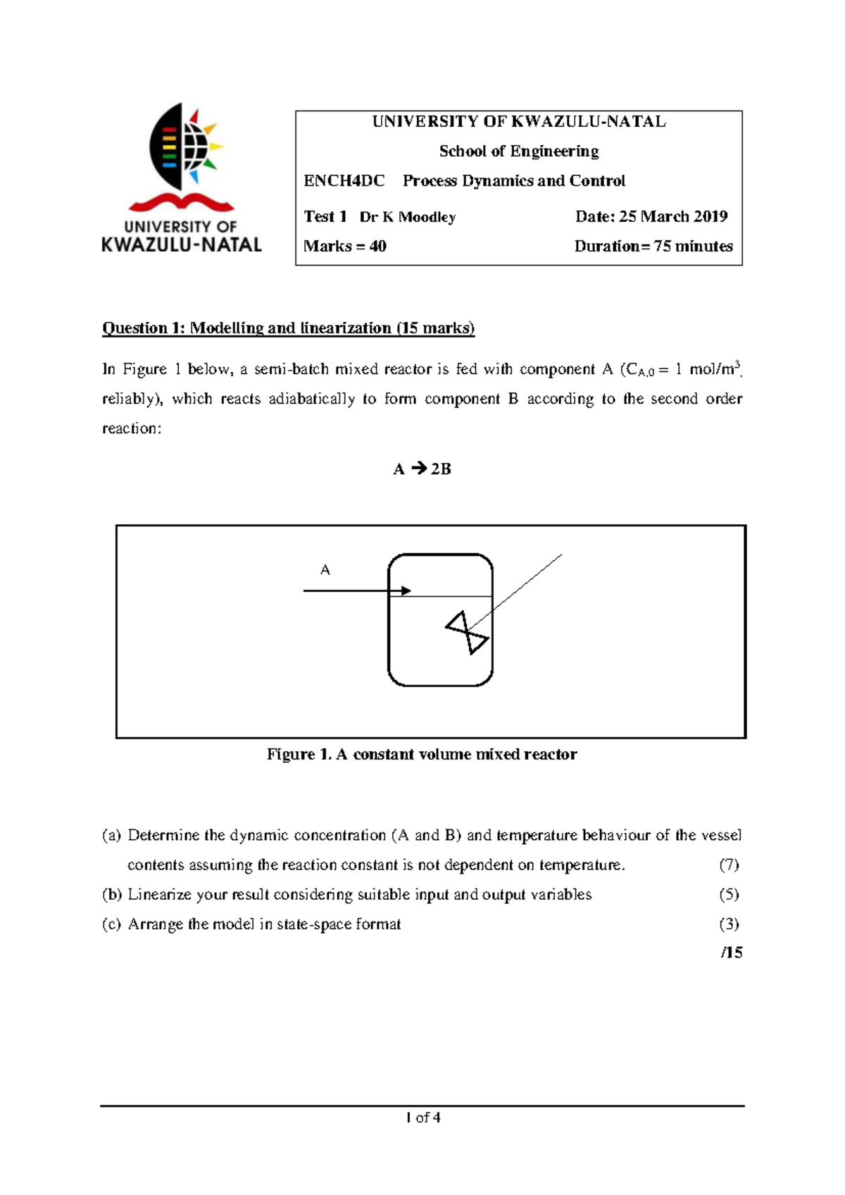 ENCH4DC Process Dynamics & Control Test 1 - Practice 2019 - Studocu