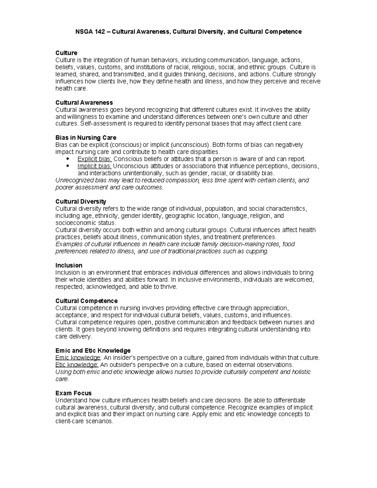 NSGA 142 Final Exam Study Guide: Cultural Awareness & Competence - Studocu