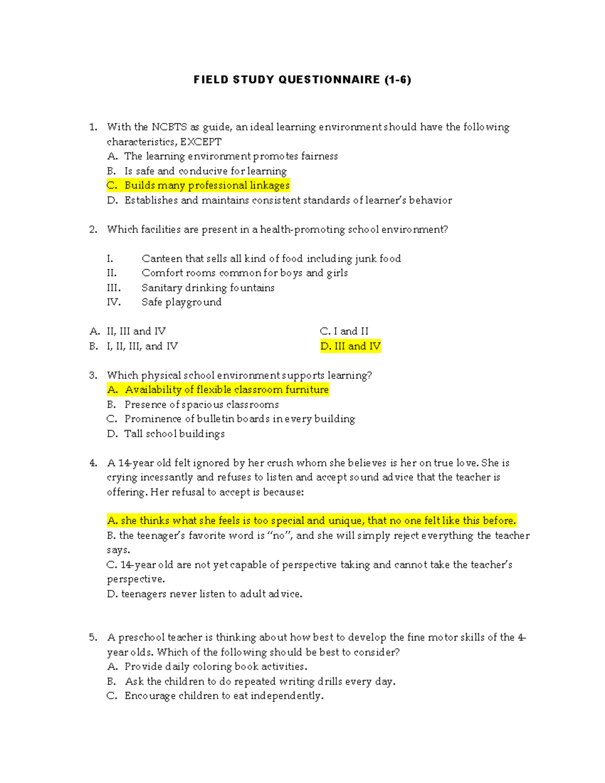 430643866 Field Study Questionnaire - FIELD STUDY QUESTIONNAIRE (1-6 ...
