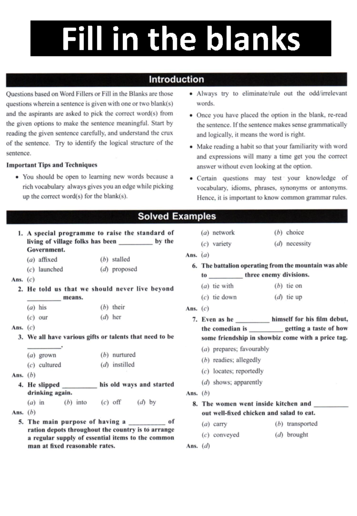 Fill in the Blanks Practice Questions for English Language (KLC) - Studocu
