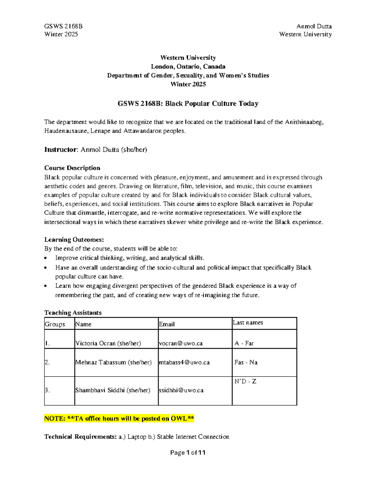 GSWS 2168B Course Outline & Syllabus for Winter 2025 - Studocu