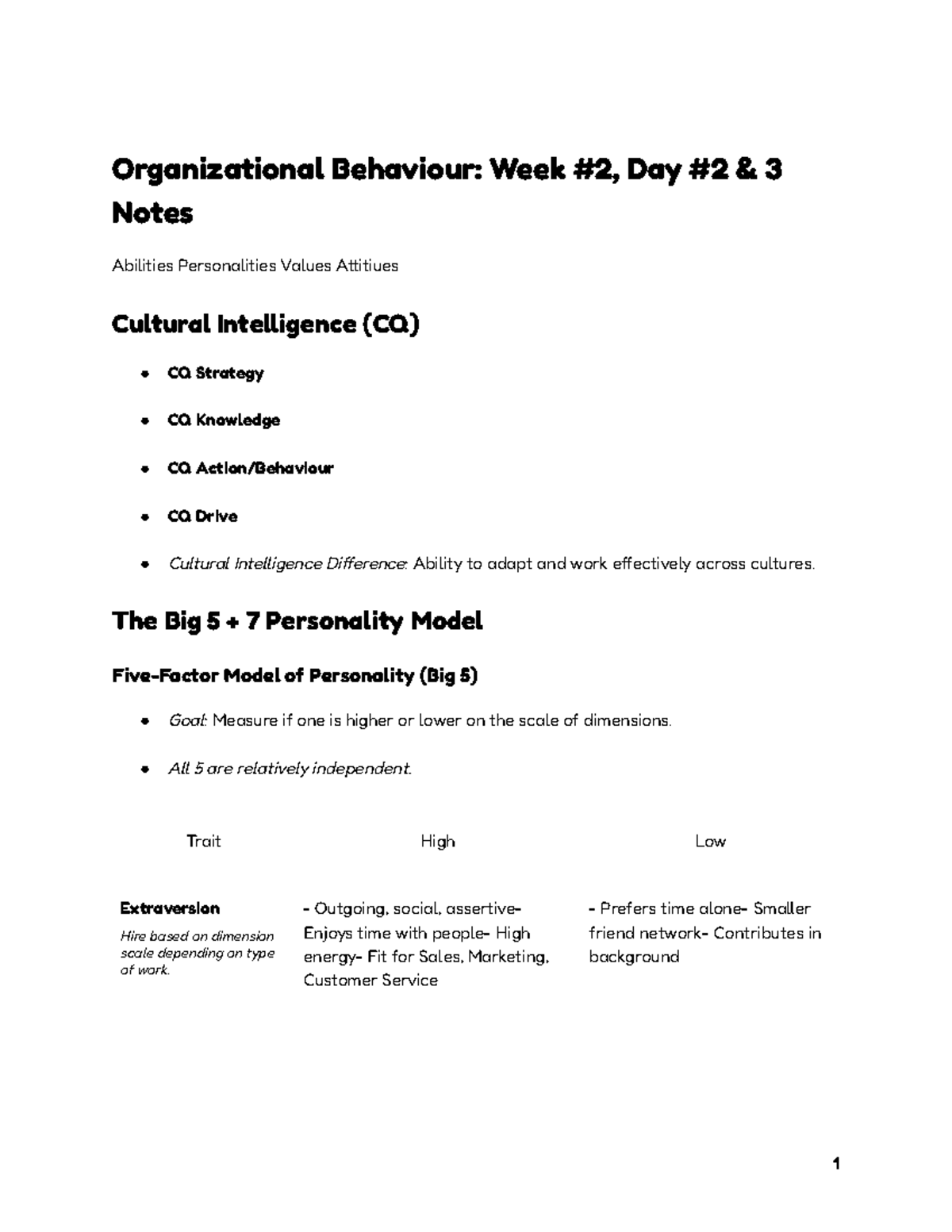Organizational Behaviour: Week 2 Day 2 & 3 Notes on Personality ...