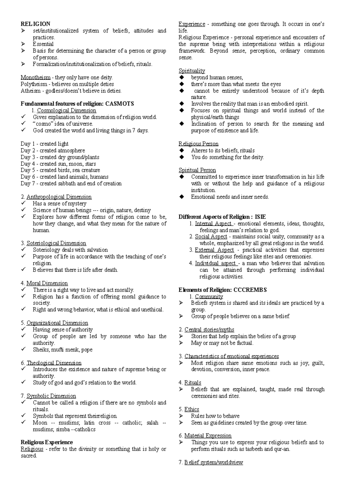 Religion Study Notes: Key Concepts & Dimensions - Studocu