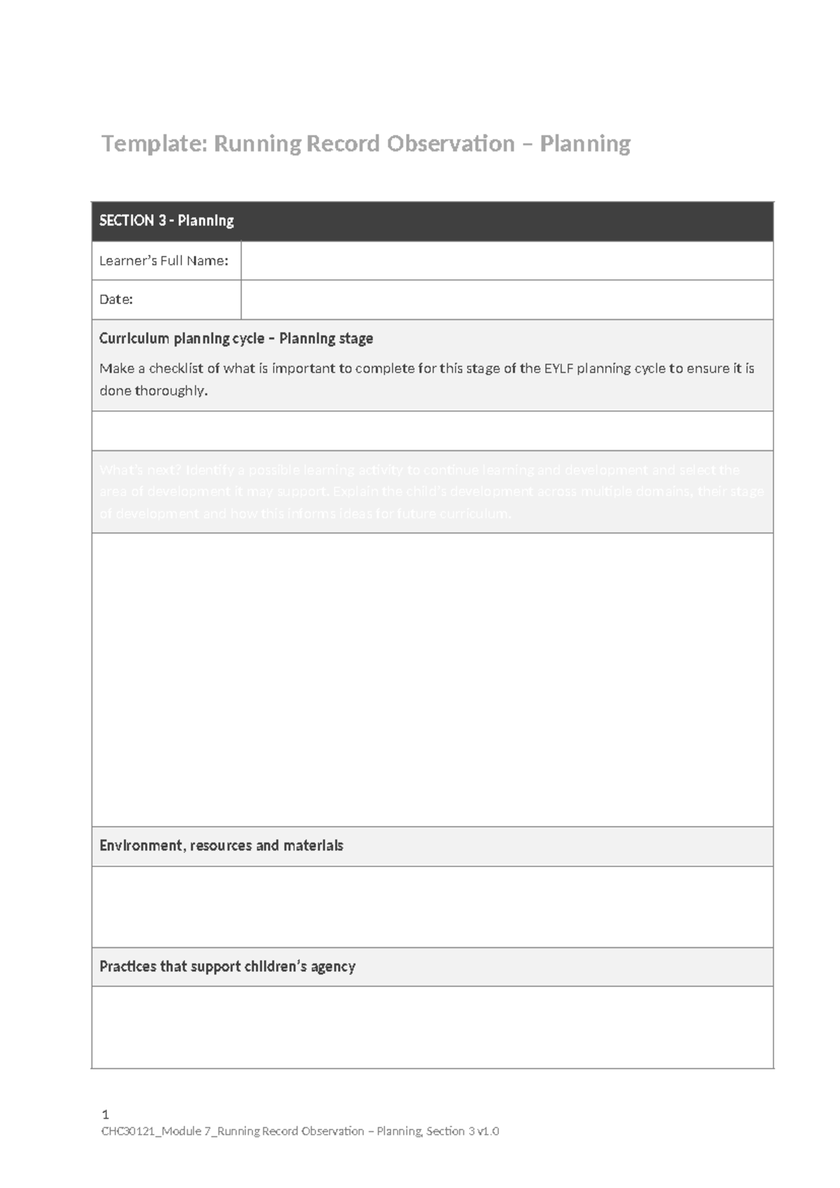 CHC30121 M7 AT02 Running Record Observation Planning Guide - Studocu