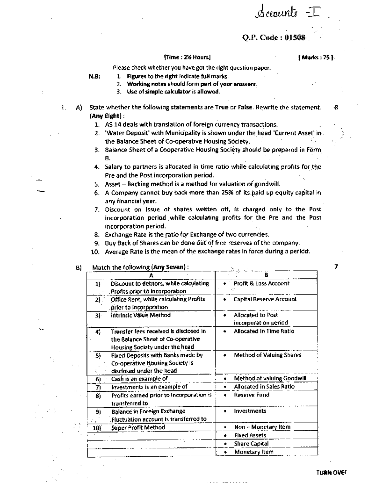 Accounts - I Previous Year Q.P. Code: 01508 (2½ Marks, 75) - Studocu