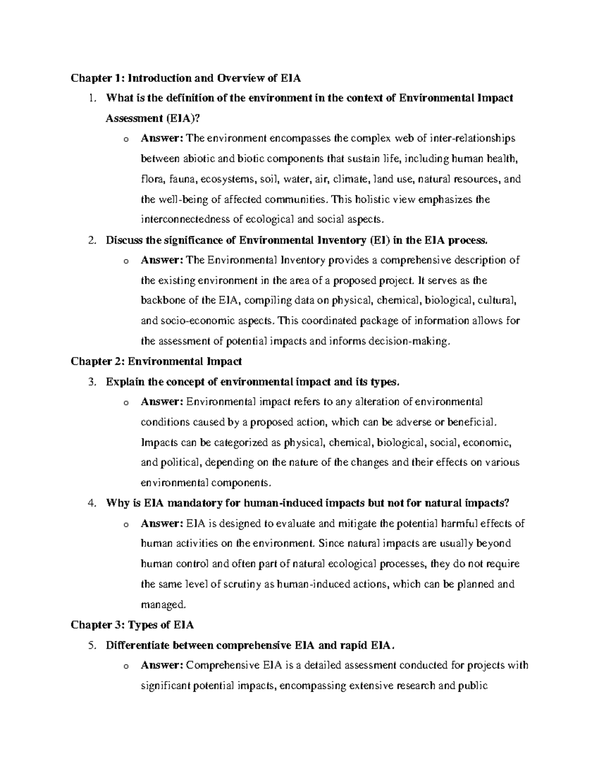 EIA Study Questions: Chapter 1-5 Overview and Key Concepts - Studocu