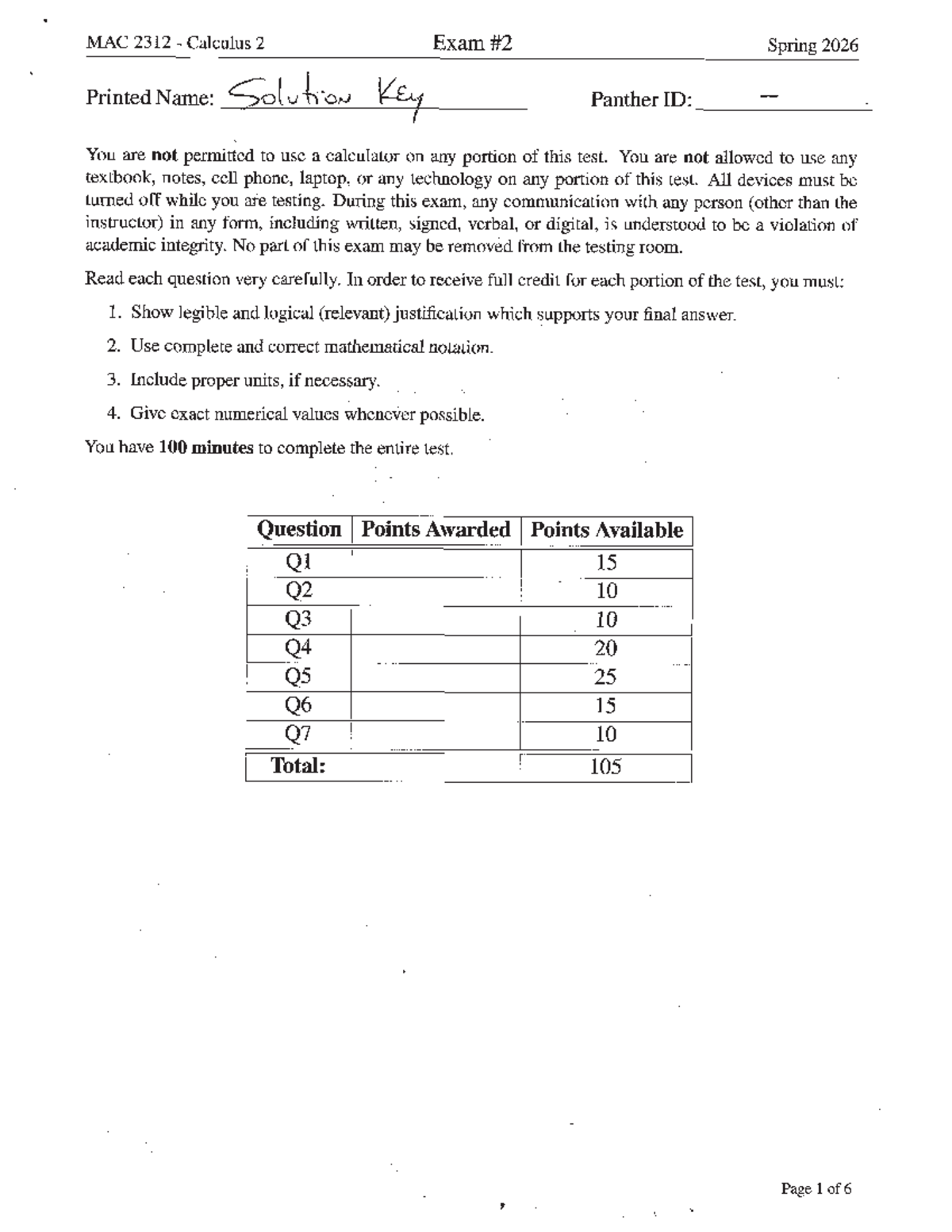 MAC 2312 Calculus 2 Exam 2 Solution Key Spring 2026 - Studocu