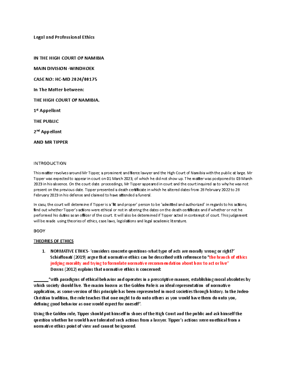 Legal and Professional Ethics Case Study: Tipper v High Court - INDIV 240228 - Document Preview
