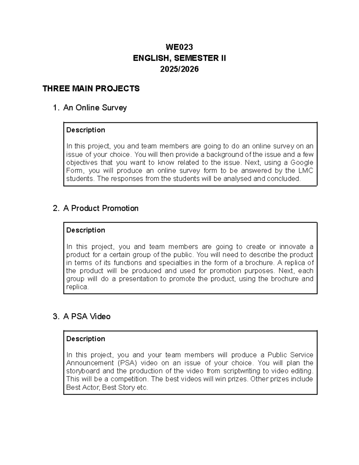 WE023 ENGLISH SEM II: Three Main Projects Overview - Studocu