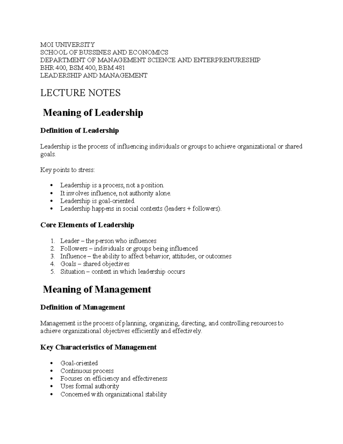 Leadership and Management Lecture Notes - BHR 400, BSM 400, BBM 481 ...
