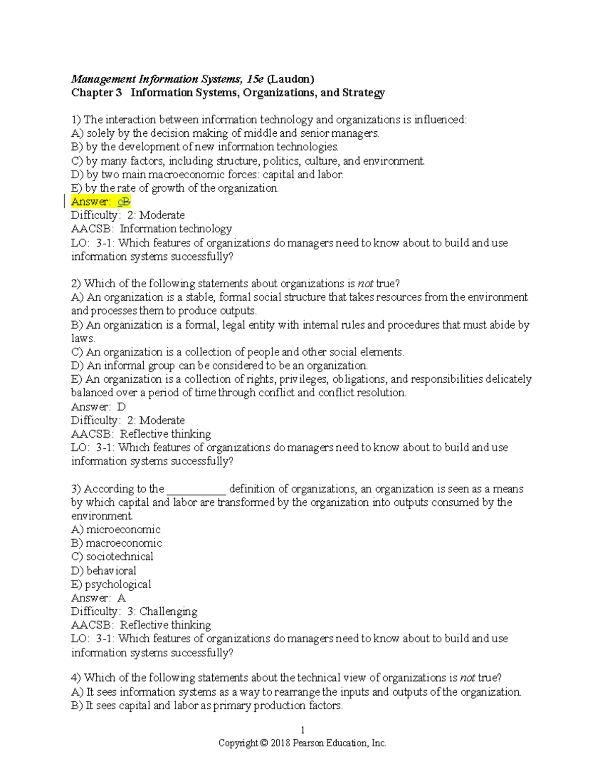 Chapter 3 - Information Systems and Organizational Strategy Test Bank ...