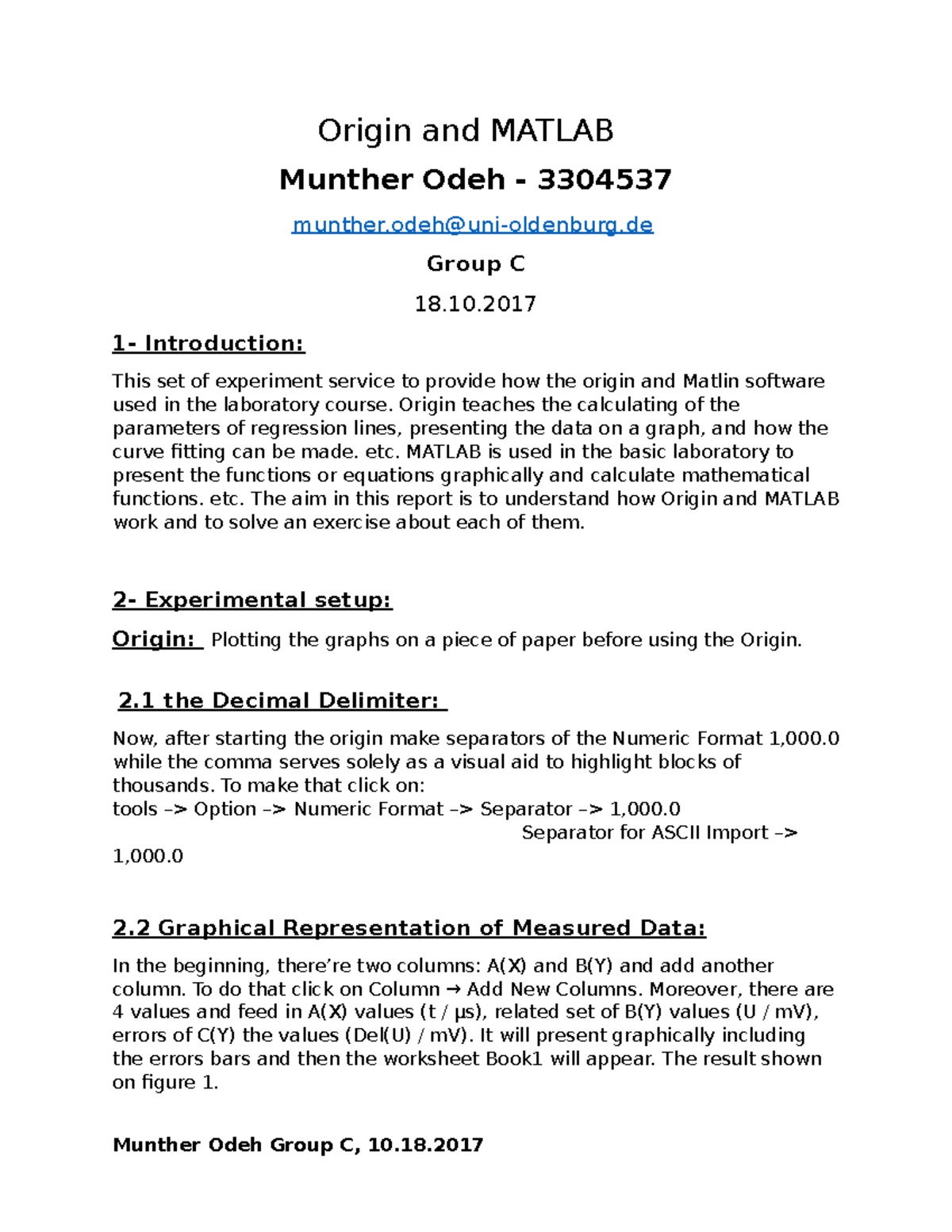MATLAB & Origin Collaboration: Lab Analysis Report 3304537 - Studocu