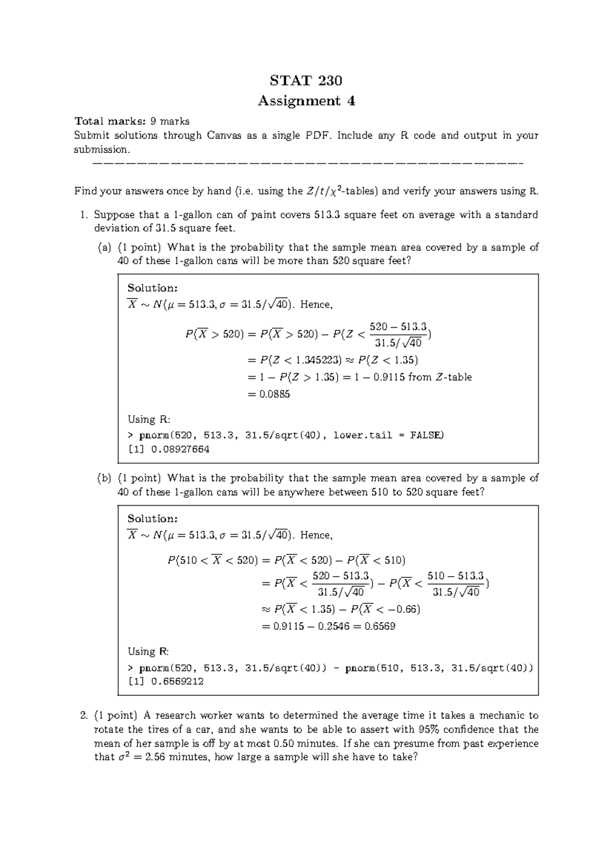 STAT 230 Assignment 4 Solutions and Probability Calculations - Studocu