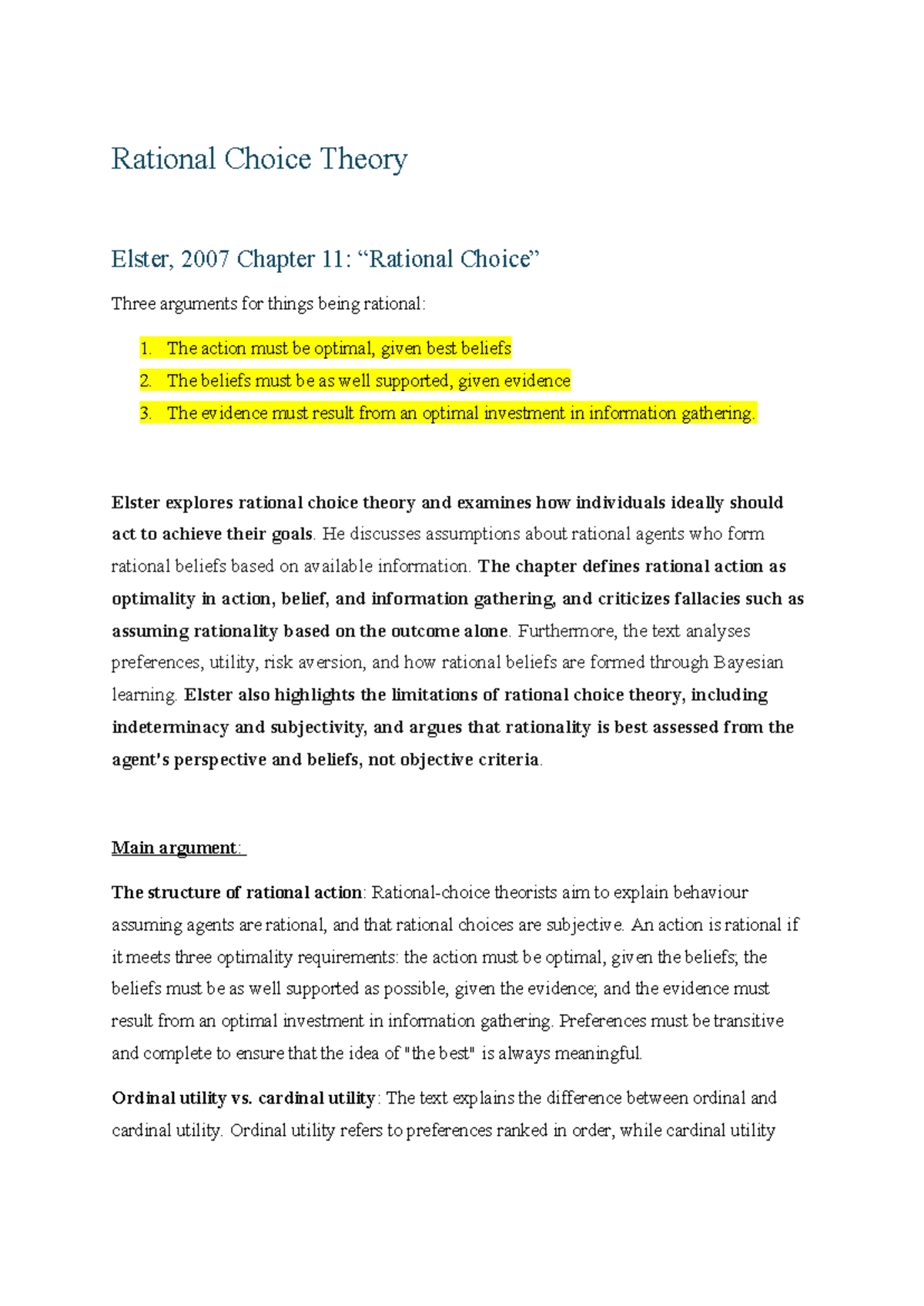 Rational Choice Theory: Key Concepts and Arguments (Elster, 2007) - Studocu