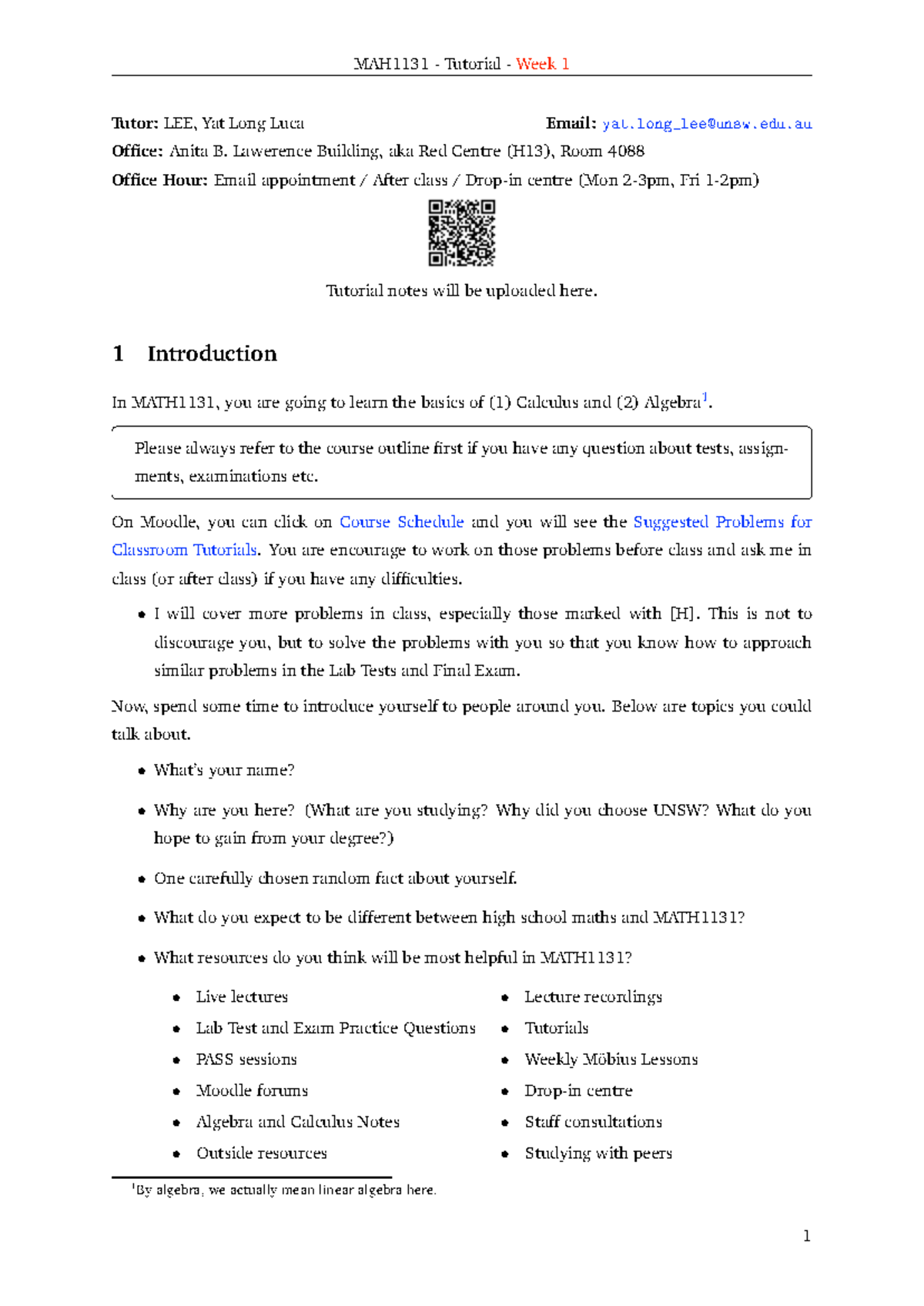 MATH1131 Week 1 Tutorial Notes: Introduction to Calculus & Algebra ...