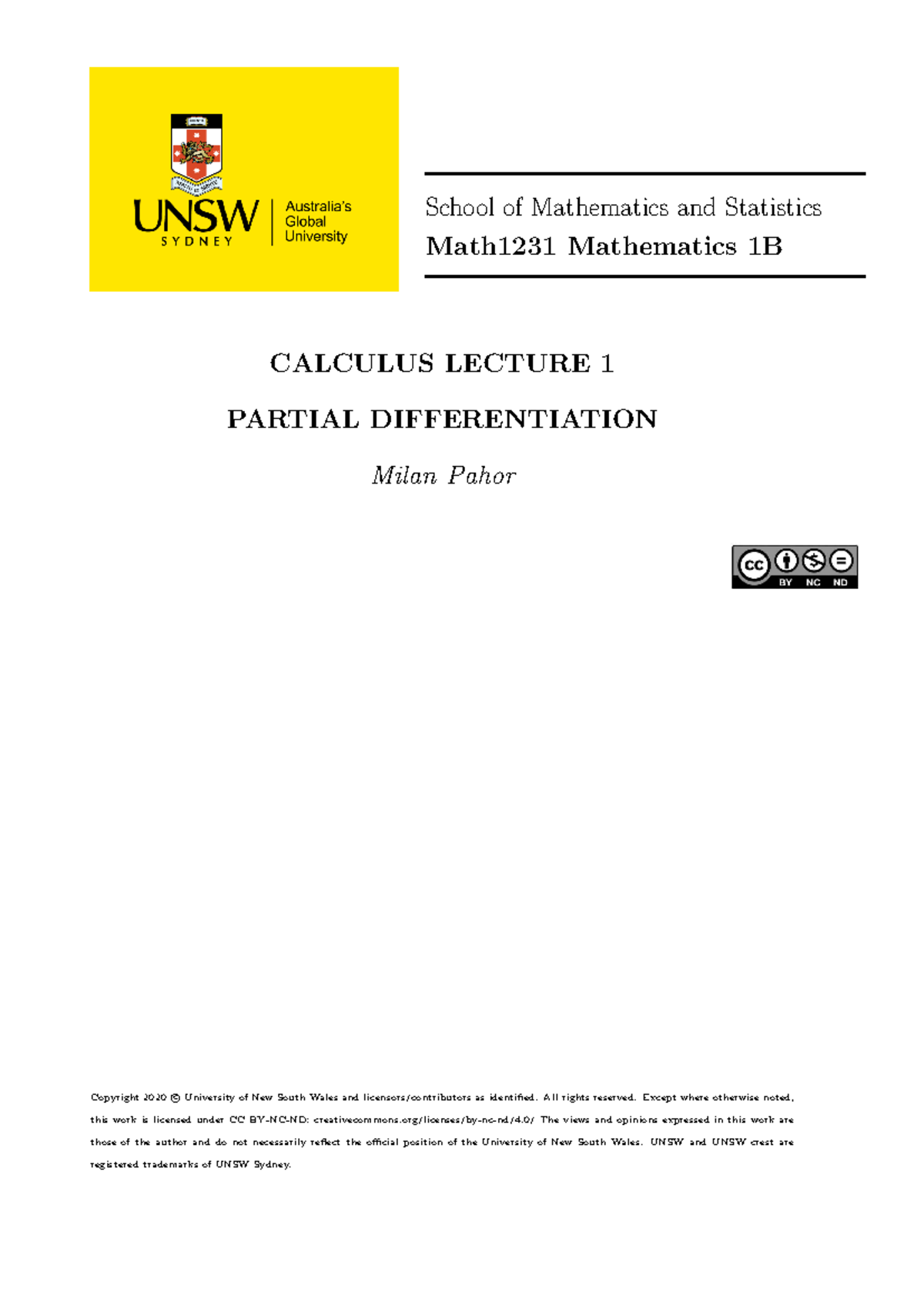 Lecture 01 Partial Differentiation - School of Mathematics and ...