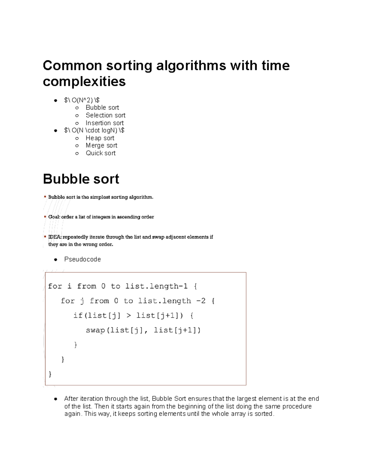 Common sorting algorithms with time complexities - Then it starts again ...