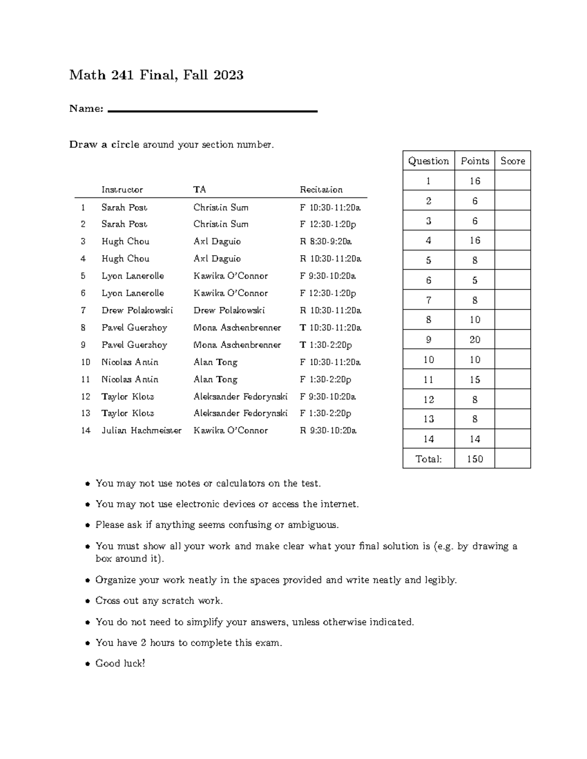 Math 241 Final Exam - Fall 2023: Comprehensive Review and Solutions ...