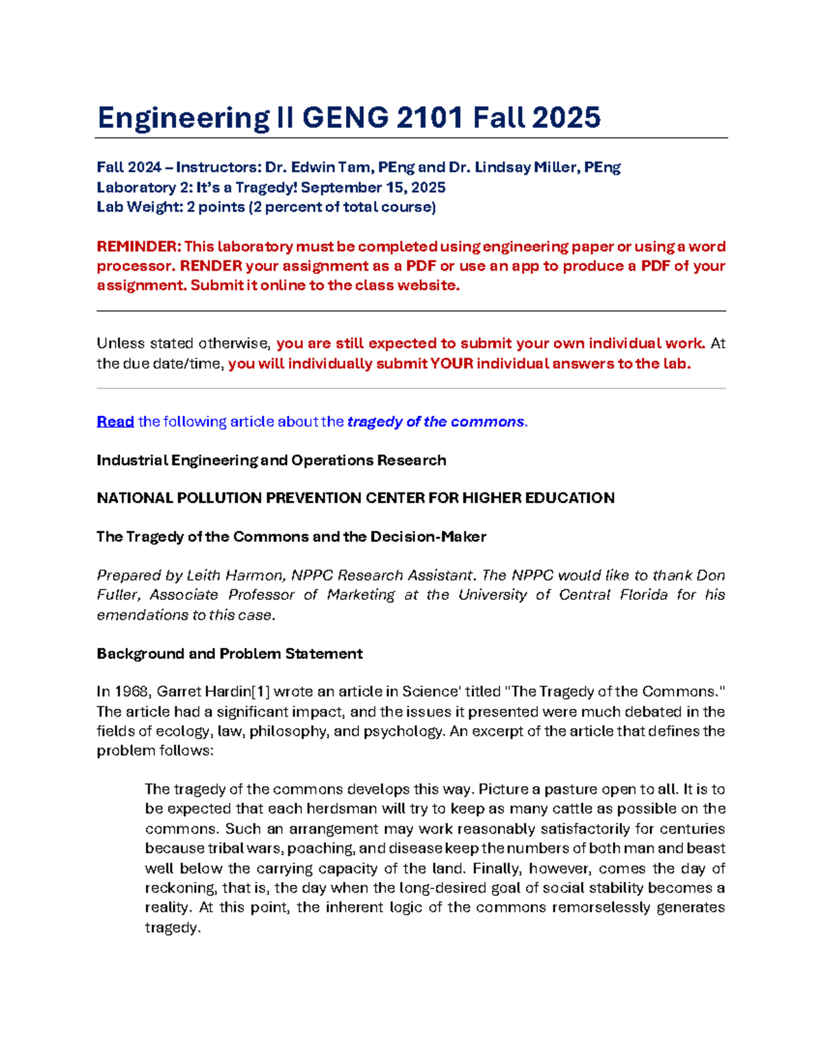 GENG 2101 Engineering II Fall 2025 Lab 2: The Tragedy of the Commons ...