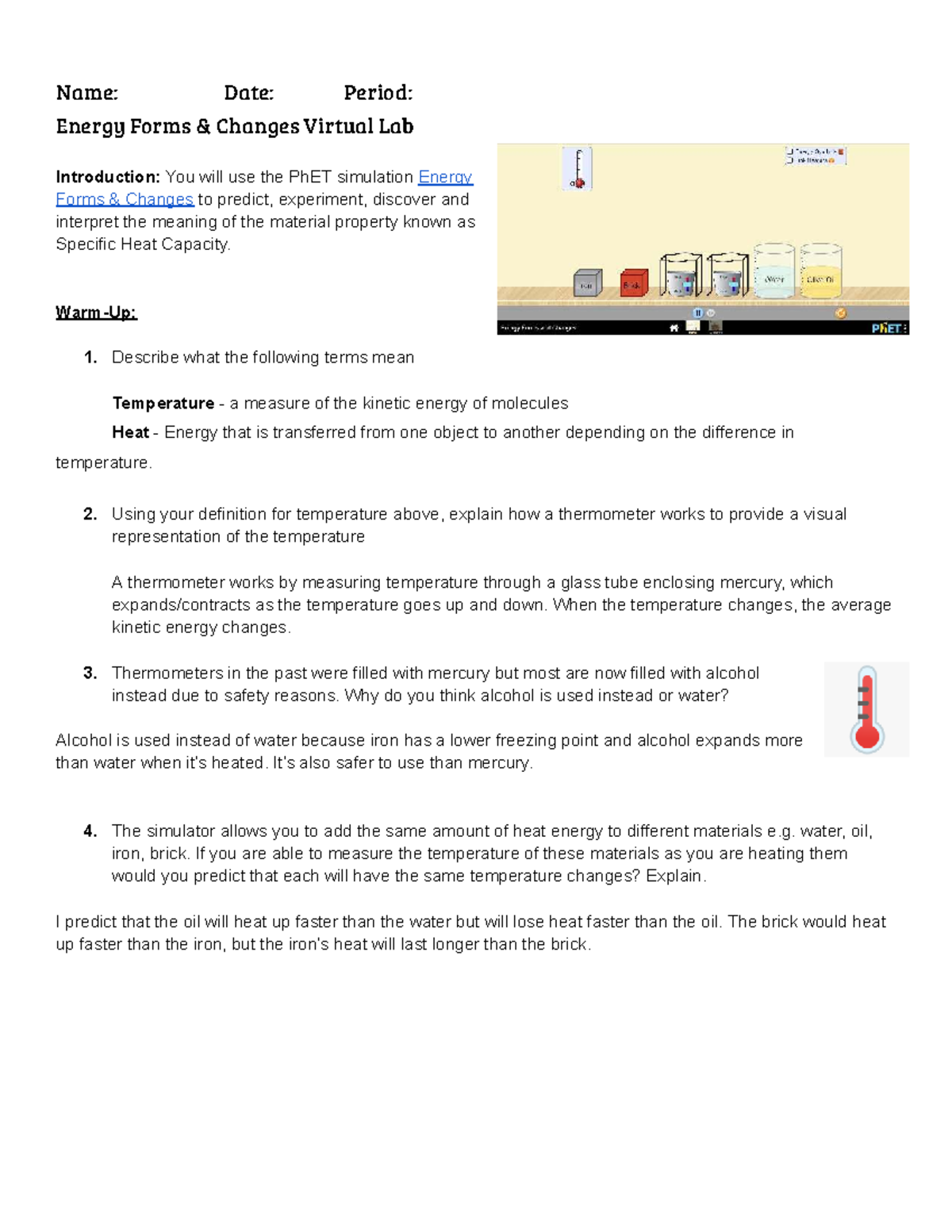 PhET - Energy Forms & Changes Virtual Lab: Specific Heat Capacity ...