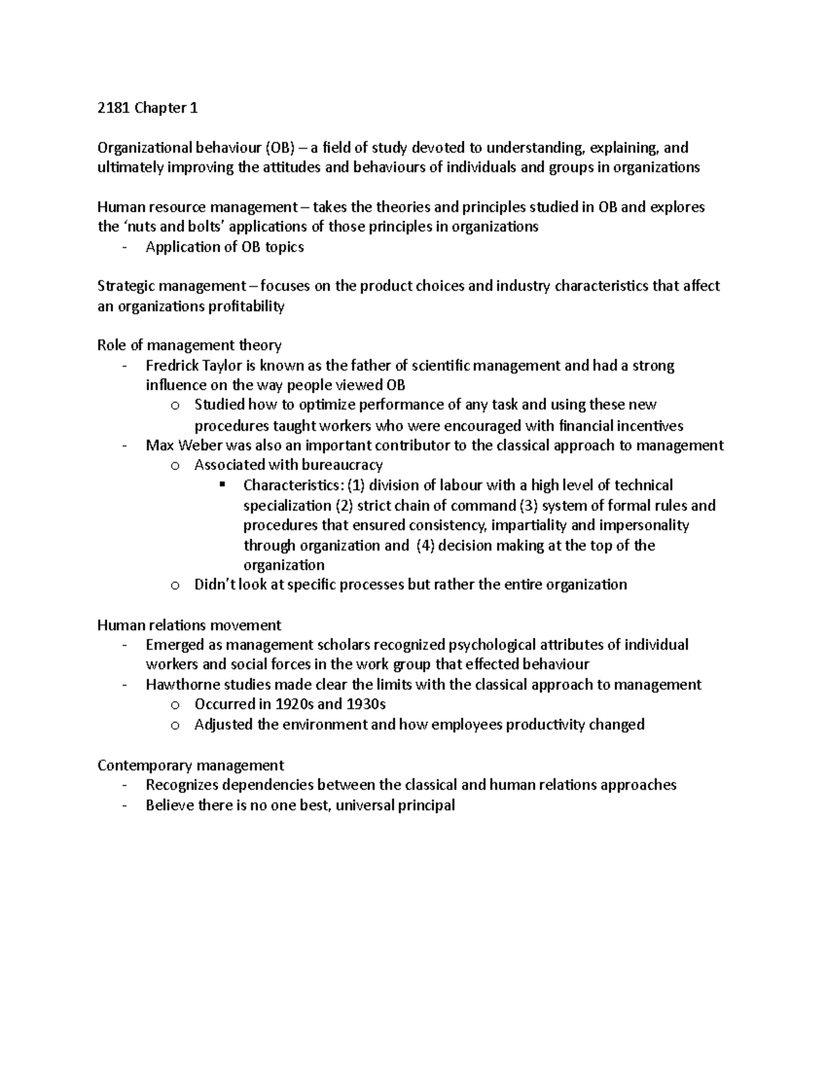 Organizational Behaviour Chapter 1 Lectures Notes - 2181 Chapter 1 ...