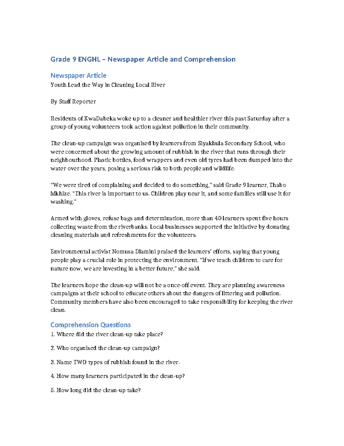 Grade 9 ENGHL Newspaper Article: Youth Clean Local River Effort - Studocu